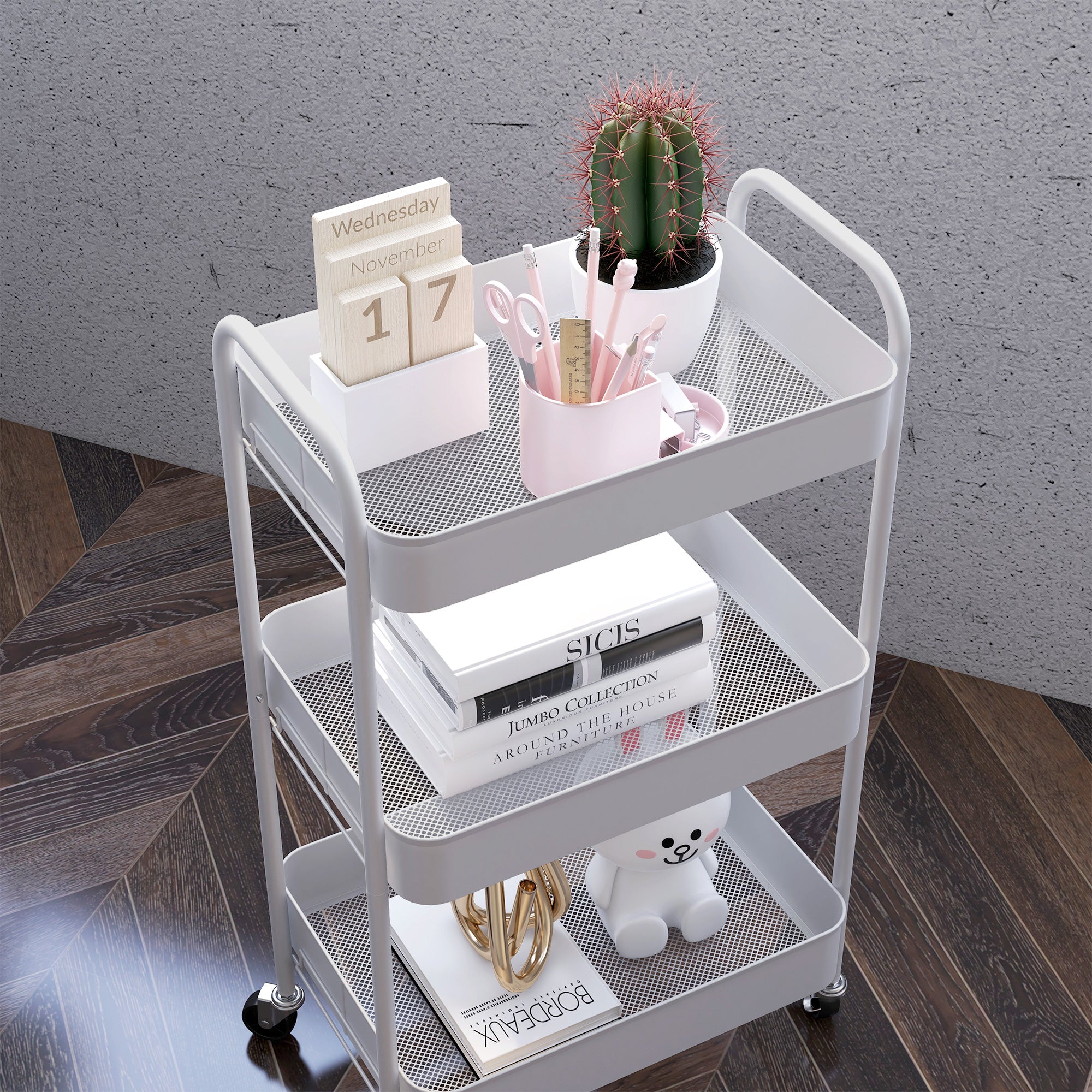 HOMCOM Three-Tier Steel Storage Trolley - White