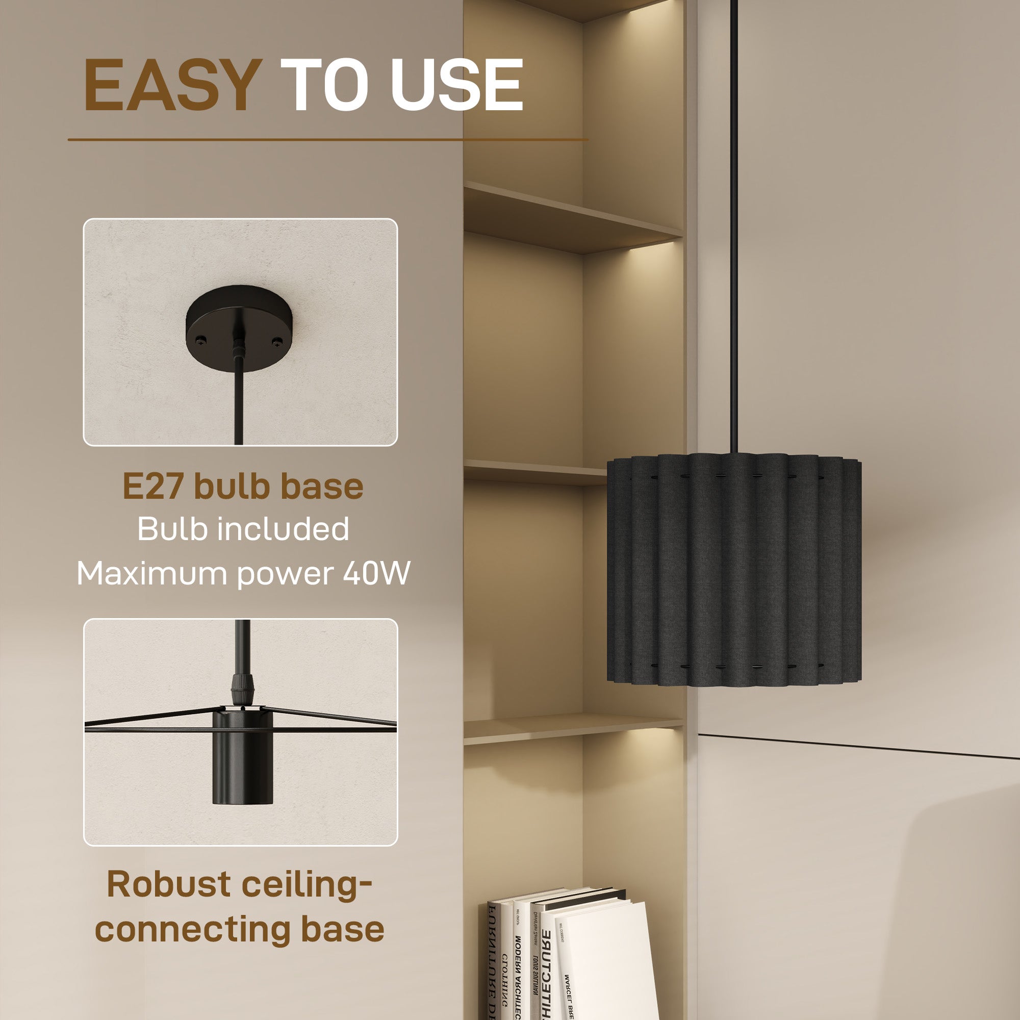 HOMCOM Linen Pendant Light, Modern Wave Ceiling Light Shade, E27 Lampshade for Living Room, Bedroom, Kitchen, Hallway, Black