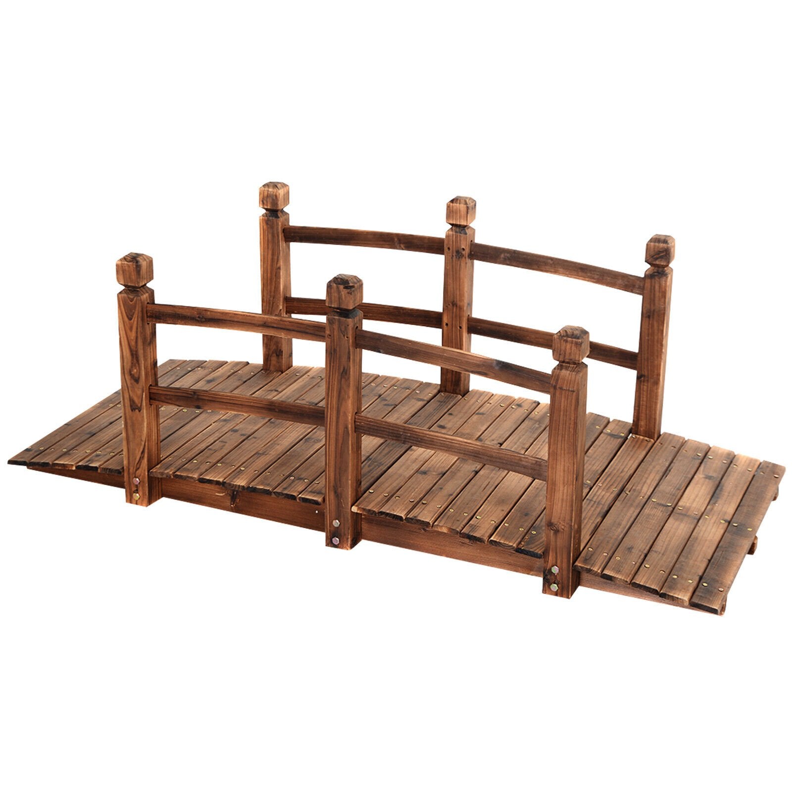 Wooden Garden Bridge with Safety Railings for Yard Patio-Brown