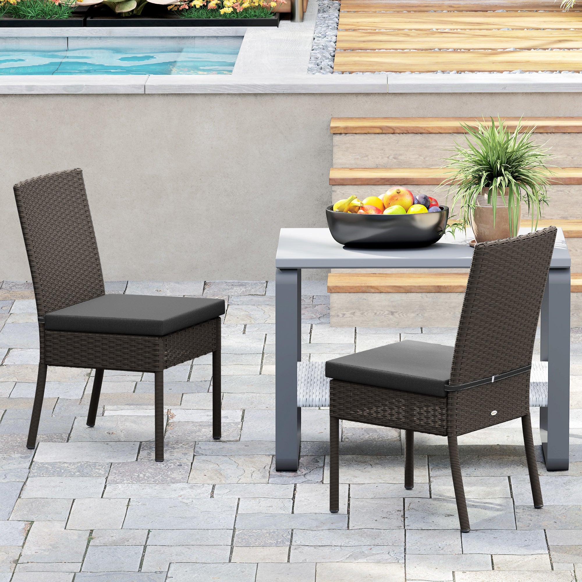 Outsunny Set of Four Armless Rattan Garden Chairs - Dark Grey