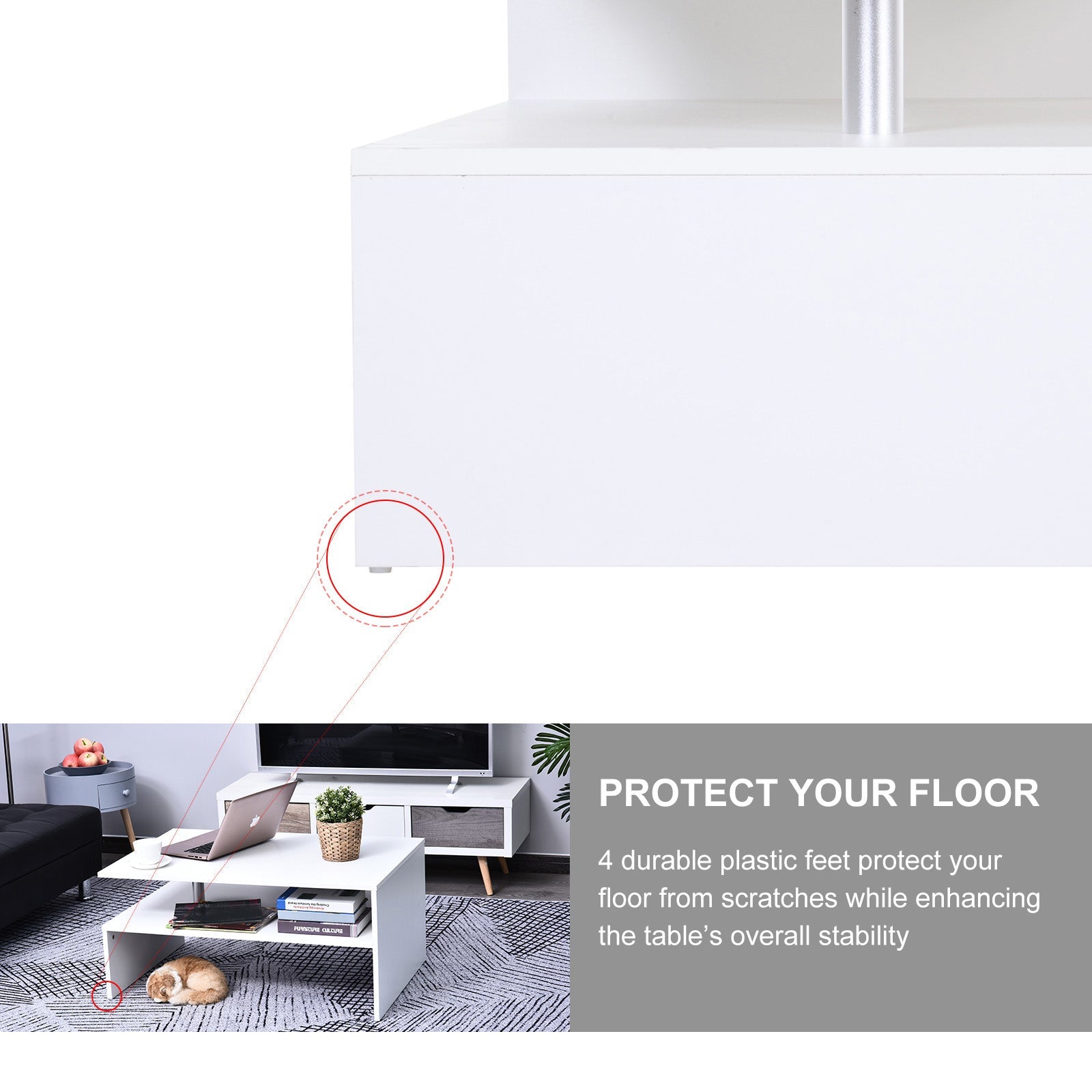 HOMCOM Coffee Table with Storage, 2-Tier Centre Table, Modern Living Room Table with Open Shelf and Aluminium Poles, White