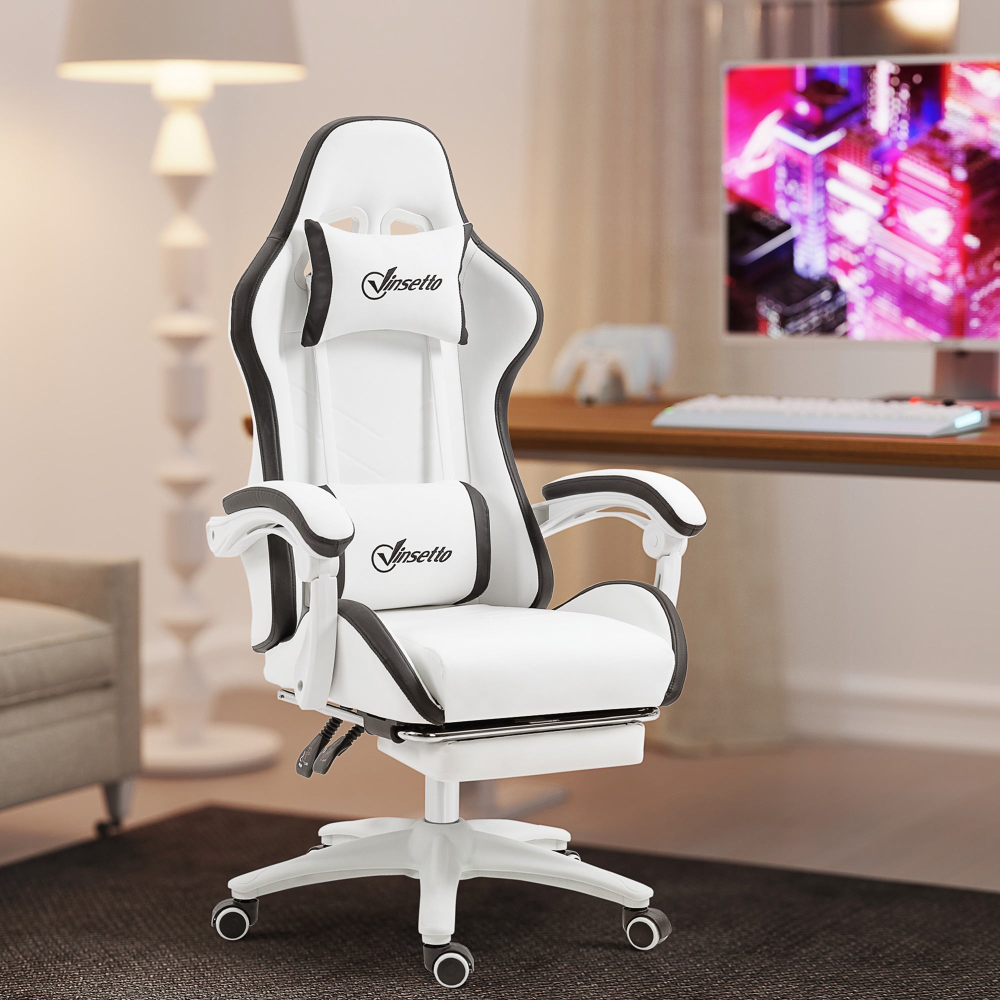 Vinsetto Computer Gaming Chair, PU Leather Office Desk Chair with Footrest, Swivel Wheels, 135√Ç¬∞ Reclining Back, Lumbar Support, Headrest for Home, White and Black