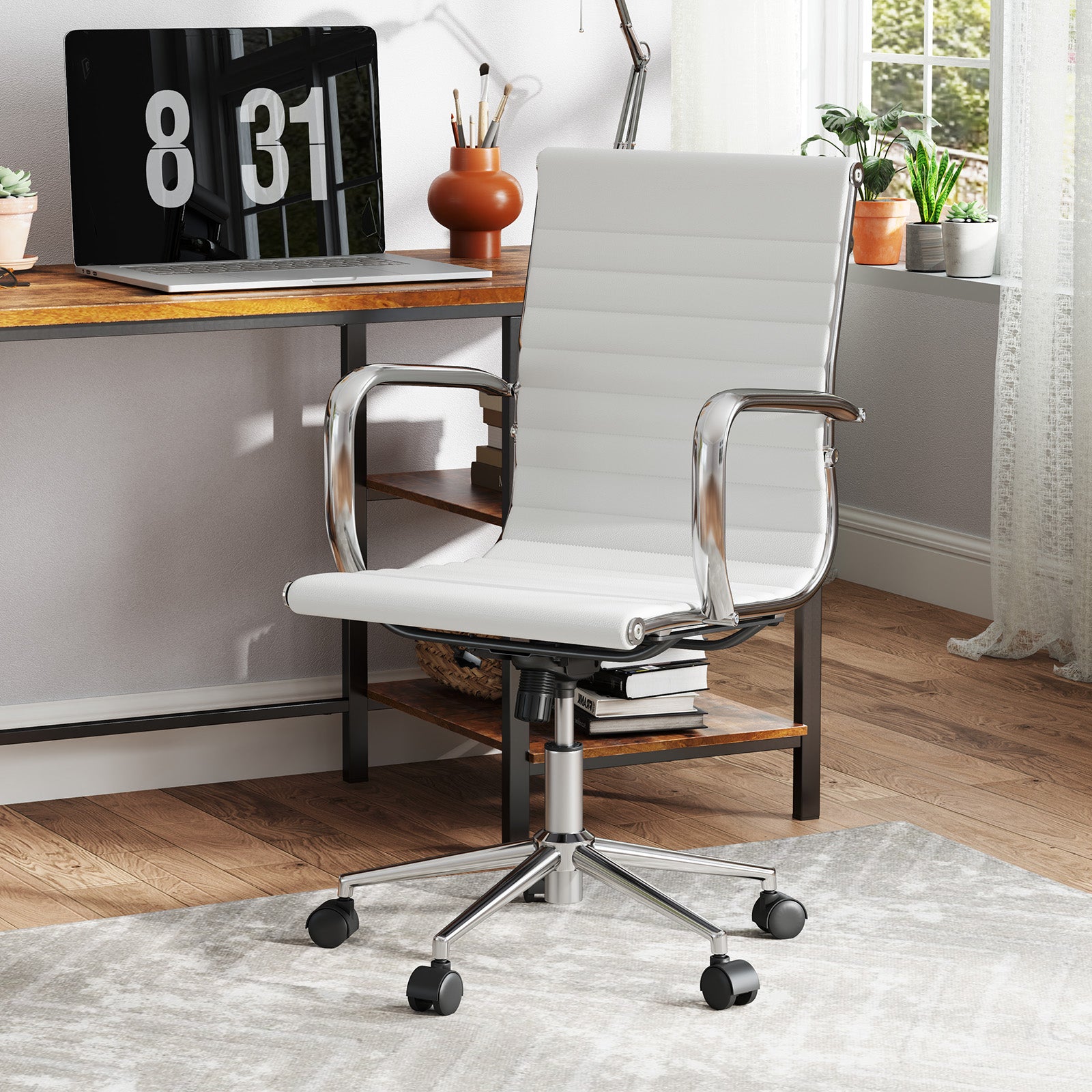 Ribbed Executive Office Chair Adjustable Swivel PU Leather Conference Chair-White