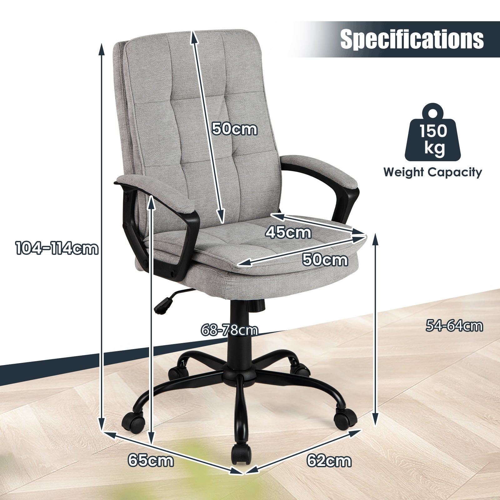 Height-adjustable Office Chair with Rocking Function and Armrest-Grey