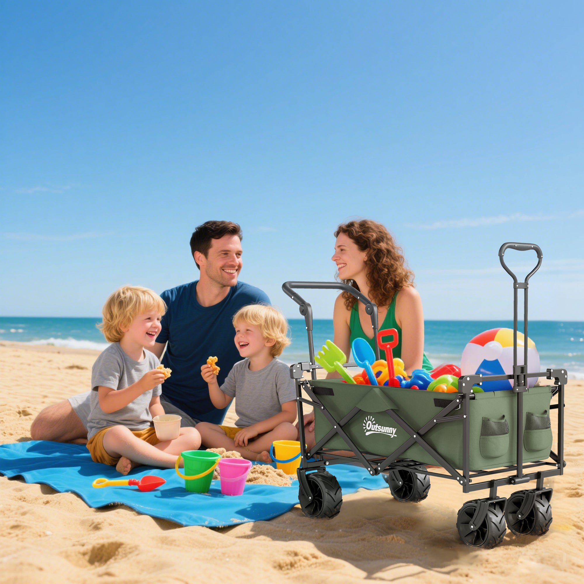 Outsunny Folding Trolley Cart Storage Wagon Beach Trailer 4 Wheels with Handle Overhead Canopy Cart Push Pull for Camping, Green