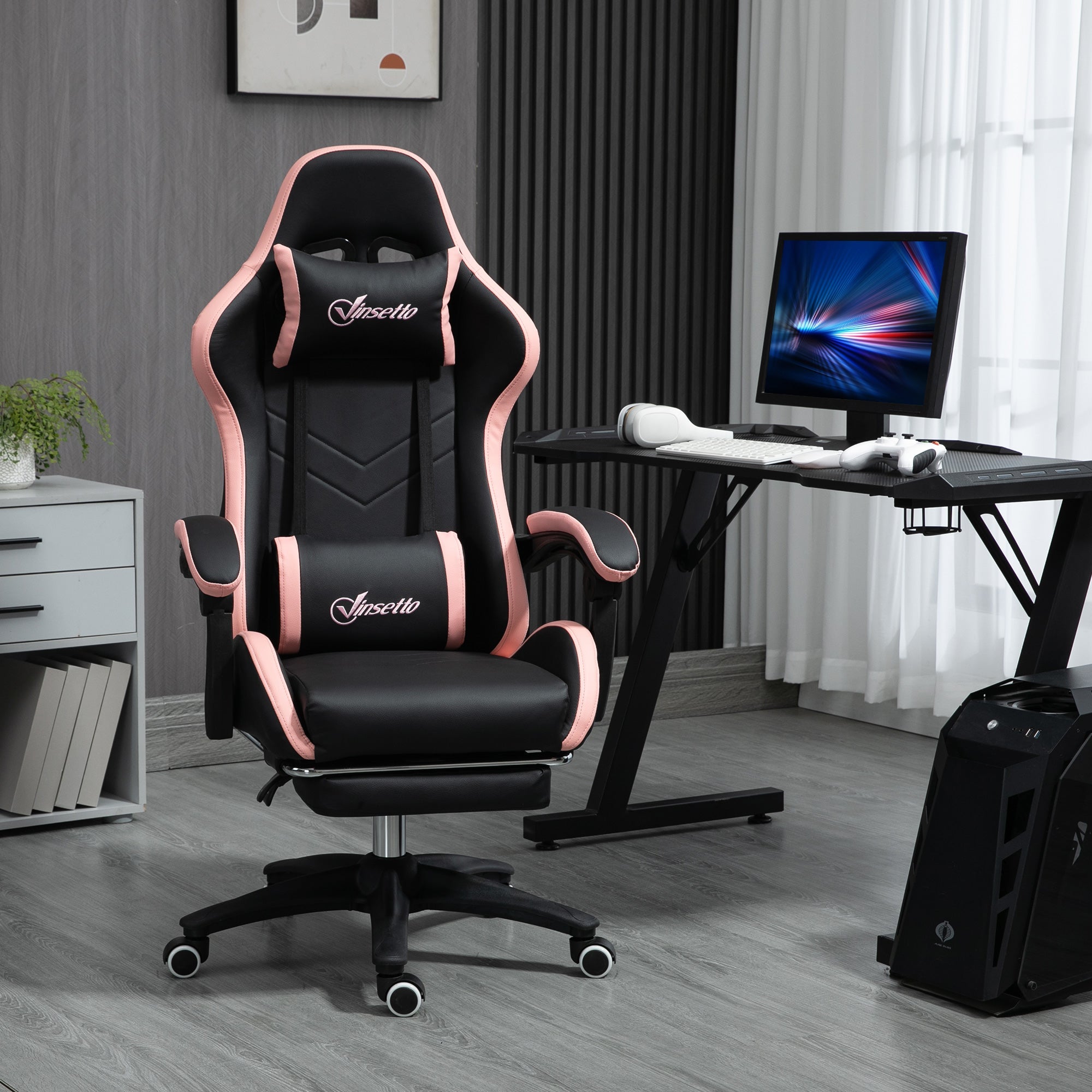 Vinsetto Computer Gaming Chair, PU Leather Office Desk Chair with Footrest, Swivel Wheels, 135√Ç¬∞ Reclining Back, Lumbar Support, Headrest for Home, Black and Pink