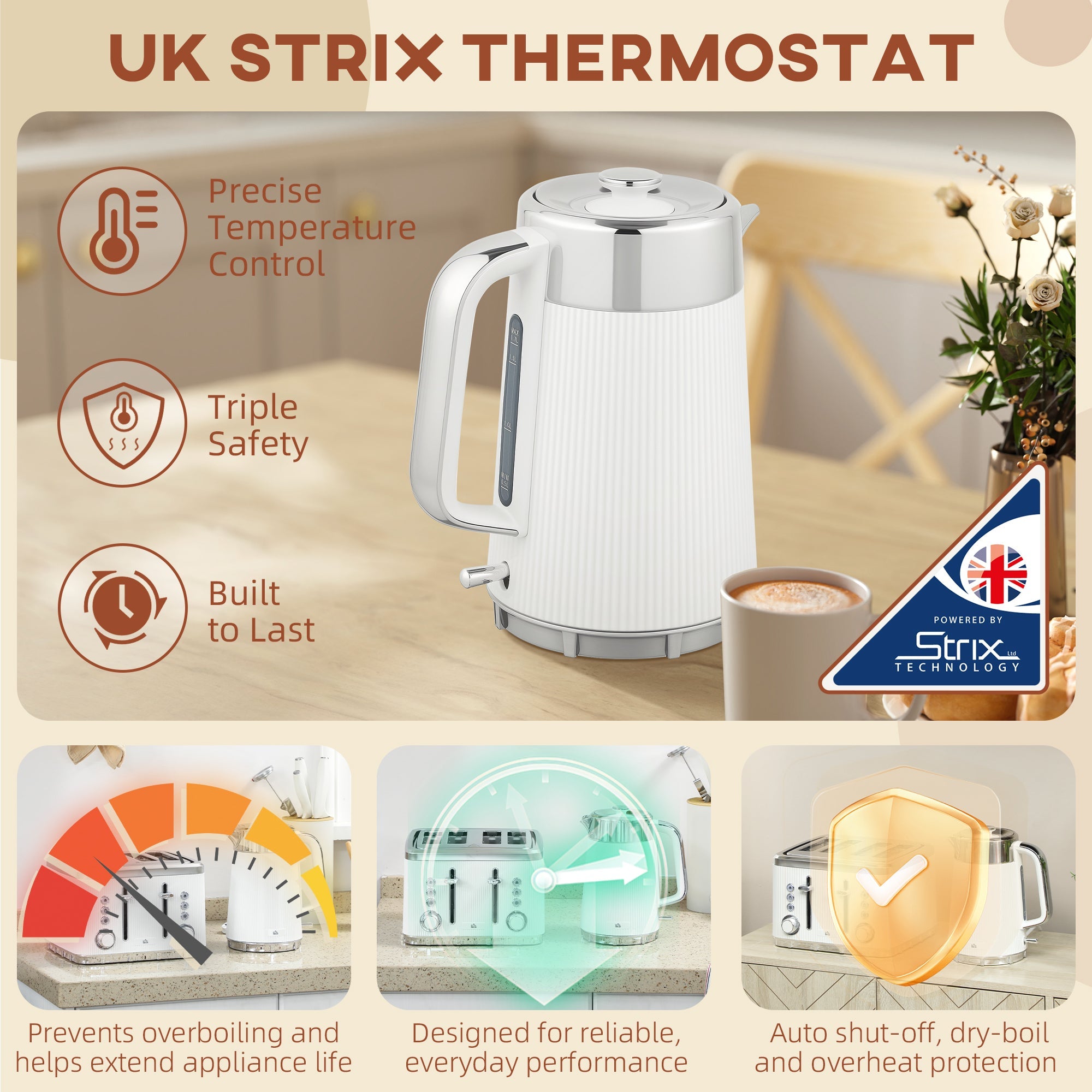 HOMCOM Electric Kettle and Toaster Set, 3000W 1.7L UK Strix Thermostat Rapid Boil Jug Kettle with Limescale Filter, Cool Touch Body, 4 Slice Toaster with 7 Browning Controls, Crumb Tray, White