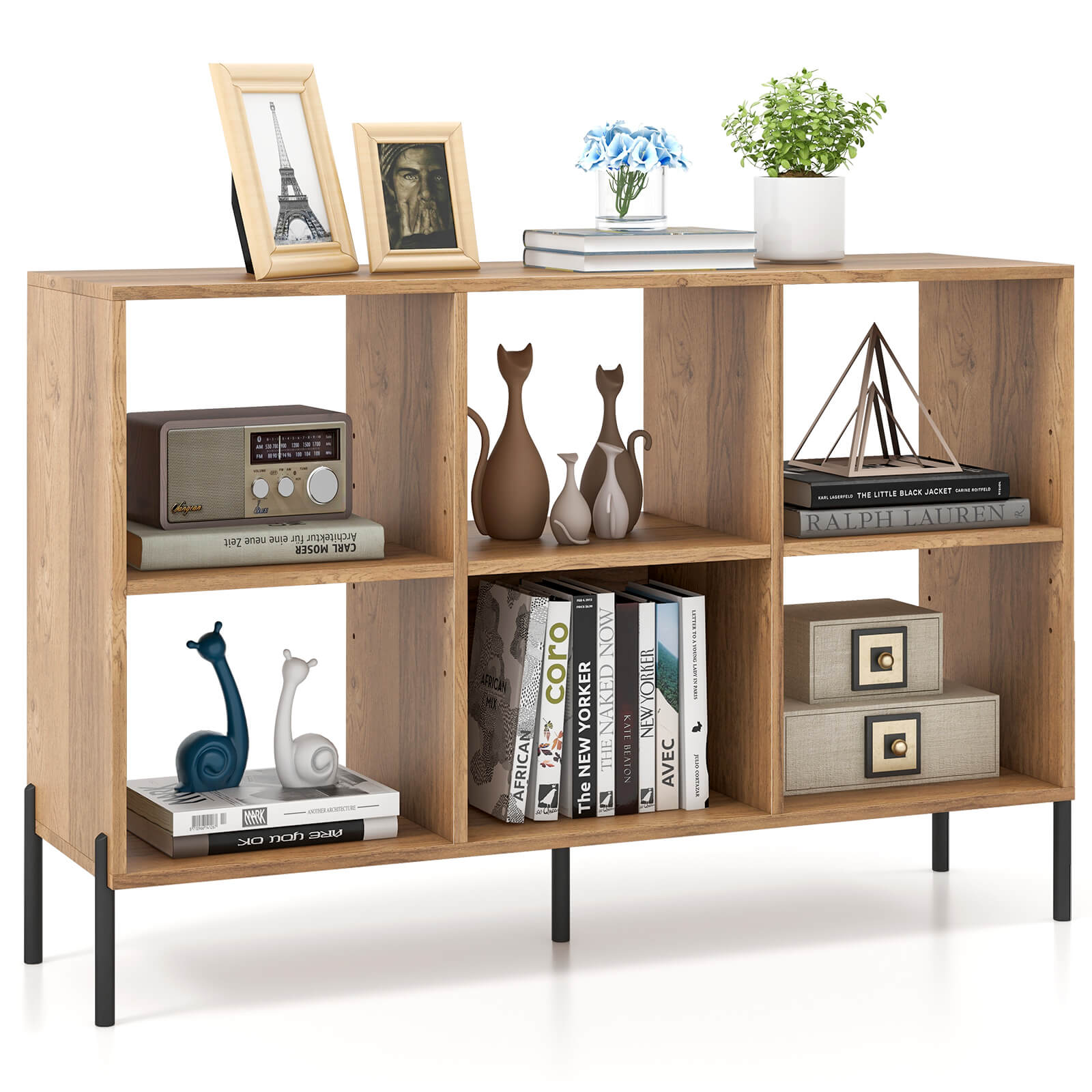 Open-Back Wood Bookshelf Storage Rack with 6 Compartments-Natural