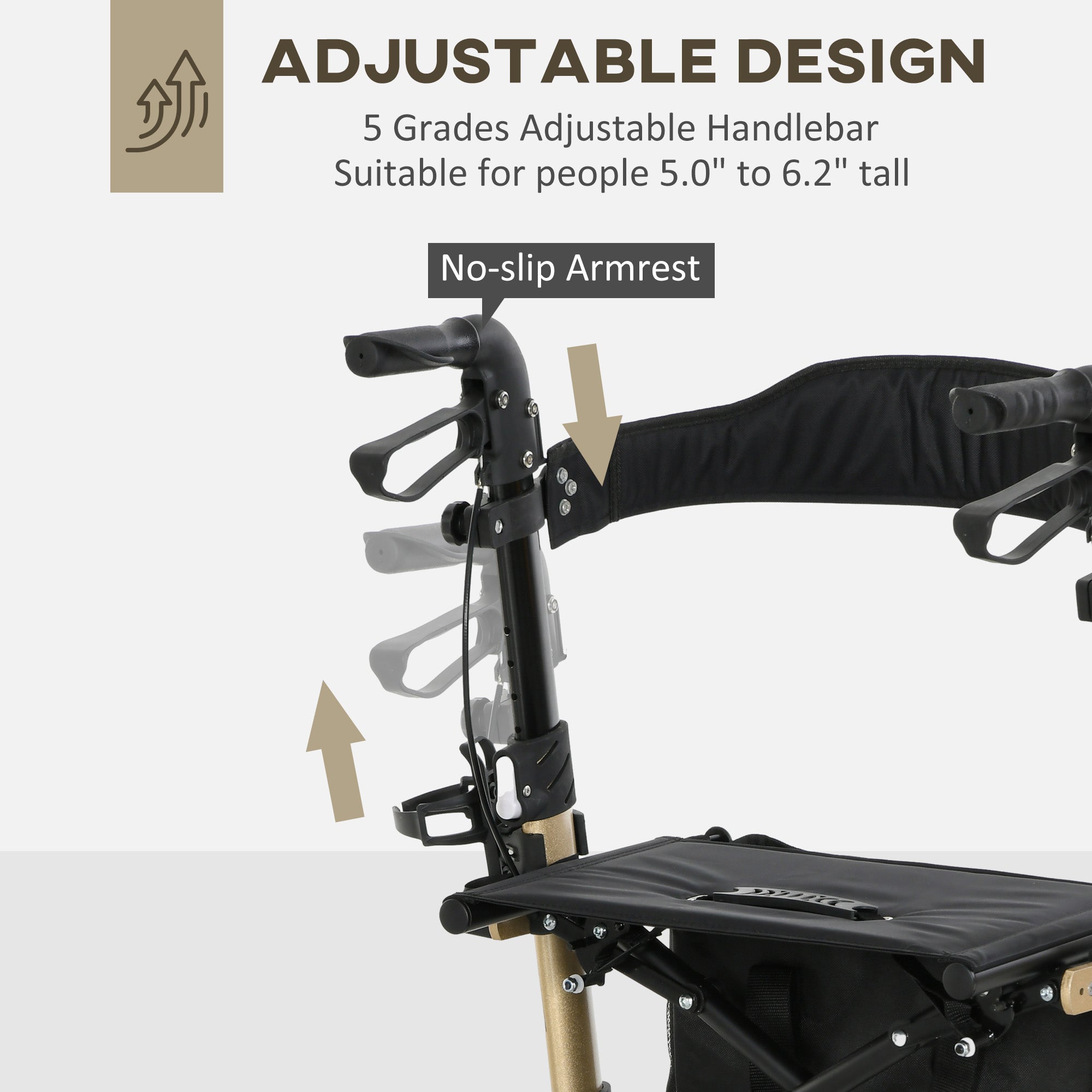 HOMCOM Folding Rollator with Cane Holder, Adjustable Handle Height and Aluminum Frame, 4 Wheeled Mobility Walker with Seat and Bag, Gold