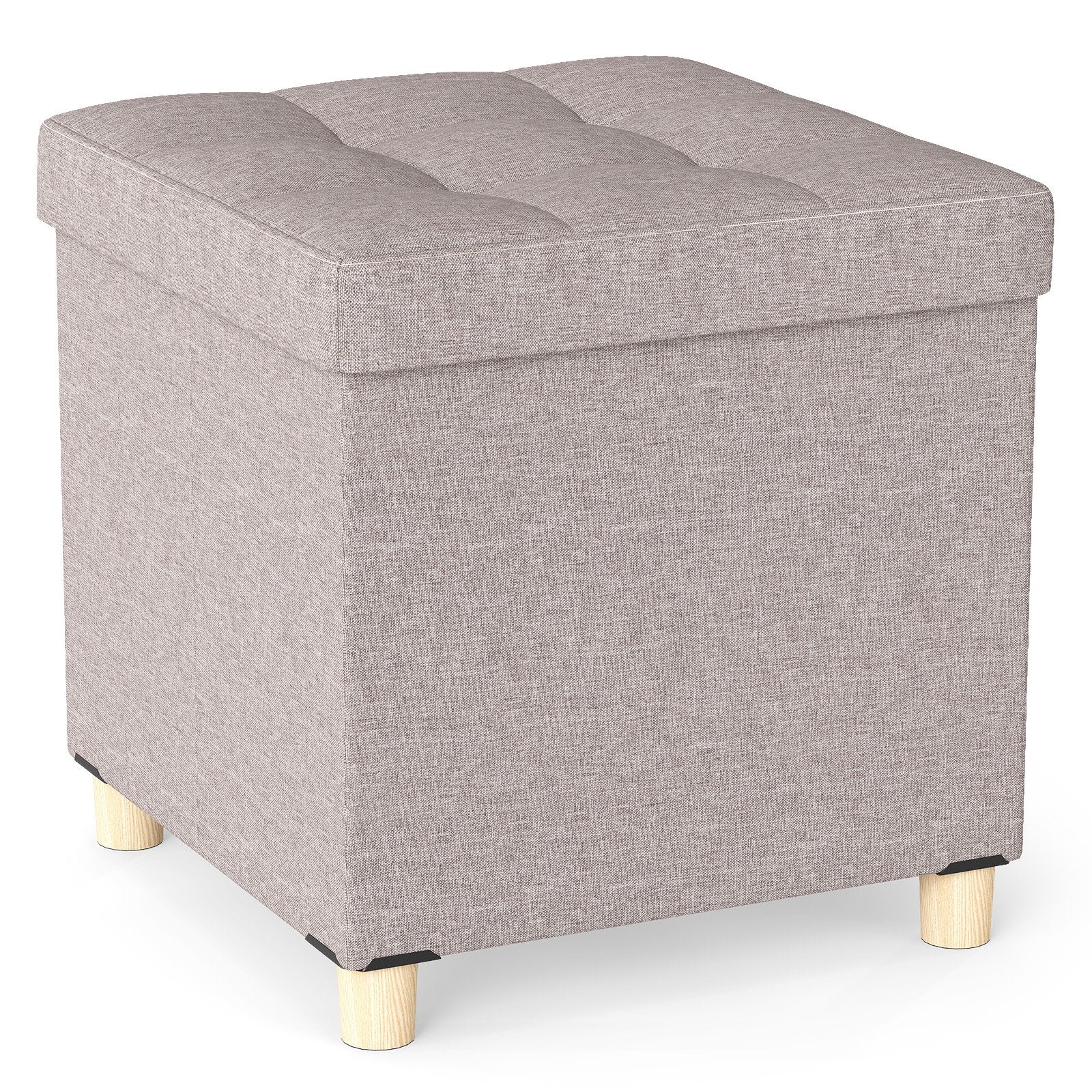 Ottoman with Storage Linen Fabric Footstool with Tray and Rubber Wood Legs-Beige