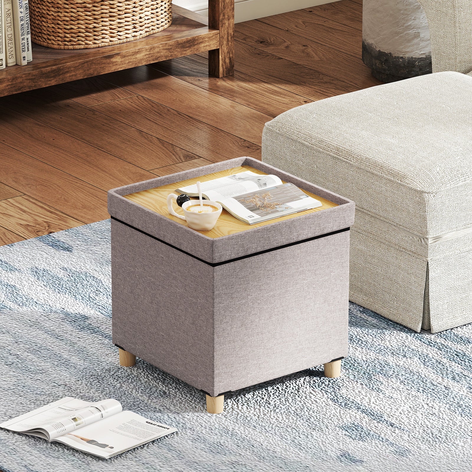 Ottoman with Storage Linen Fabric Footstool with Tray and Rubber Wood Legs-Grey