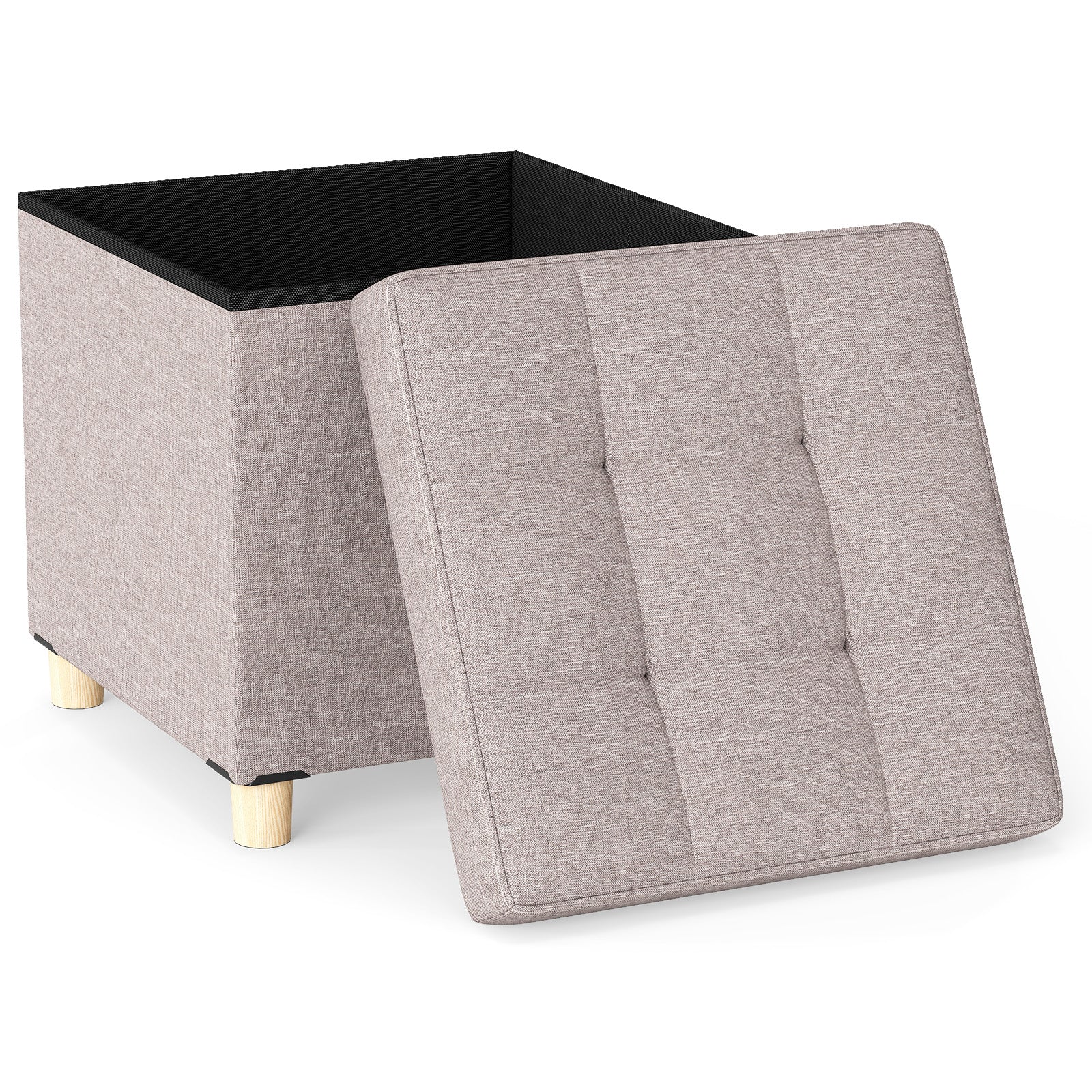 Ottoman with Storage Linen Fabric Footstool with Tray and Rubber Wood Legs-Grey