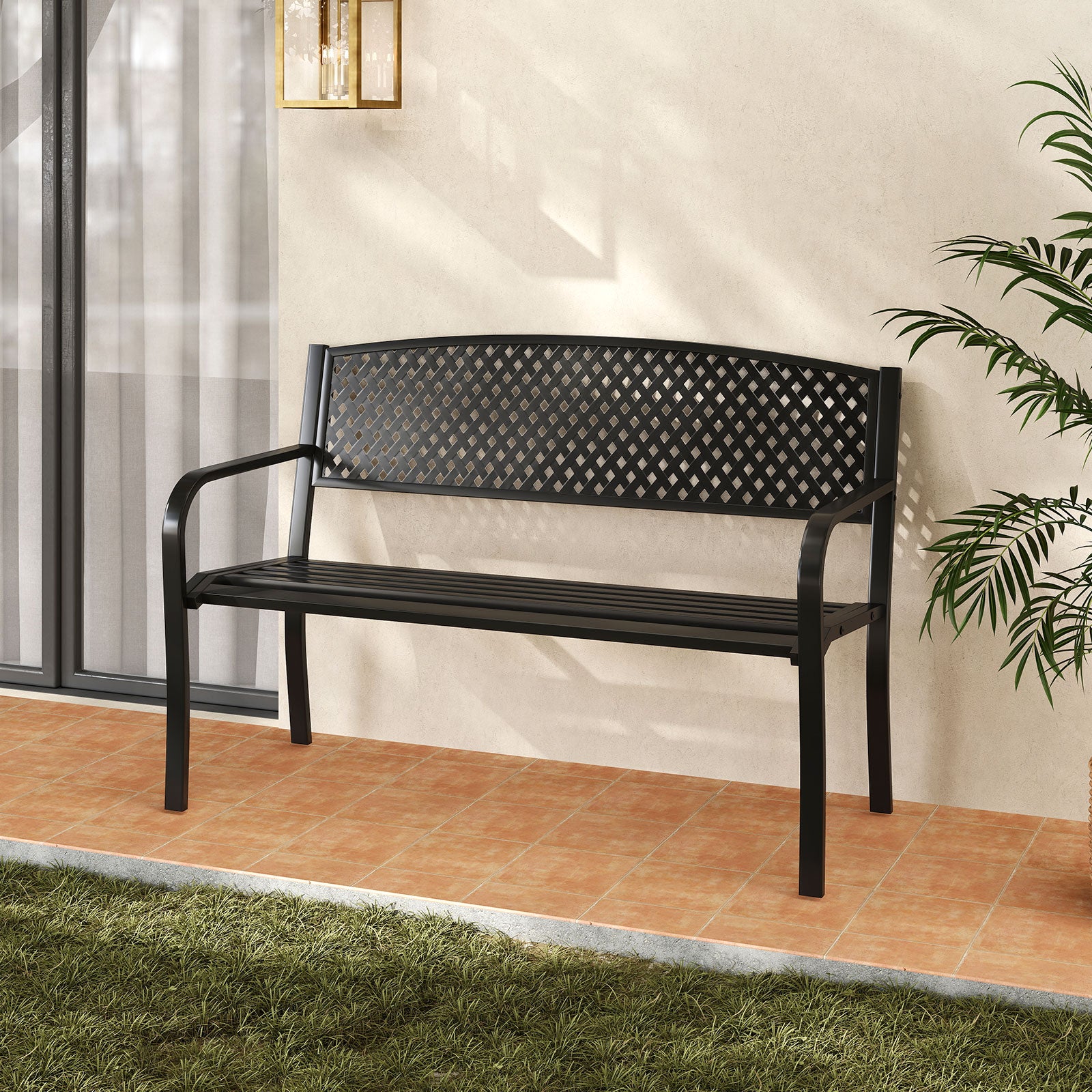 Outdoor 127CM Garden Bench with Patterned Backrest and Curved Armrests-Black
