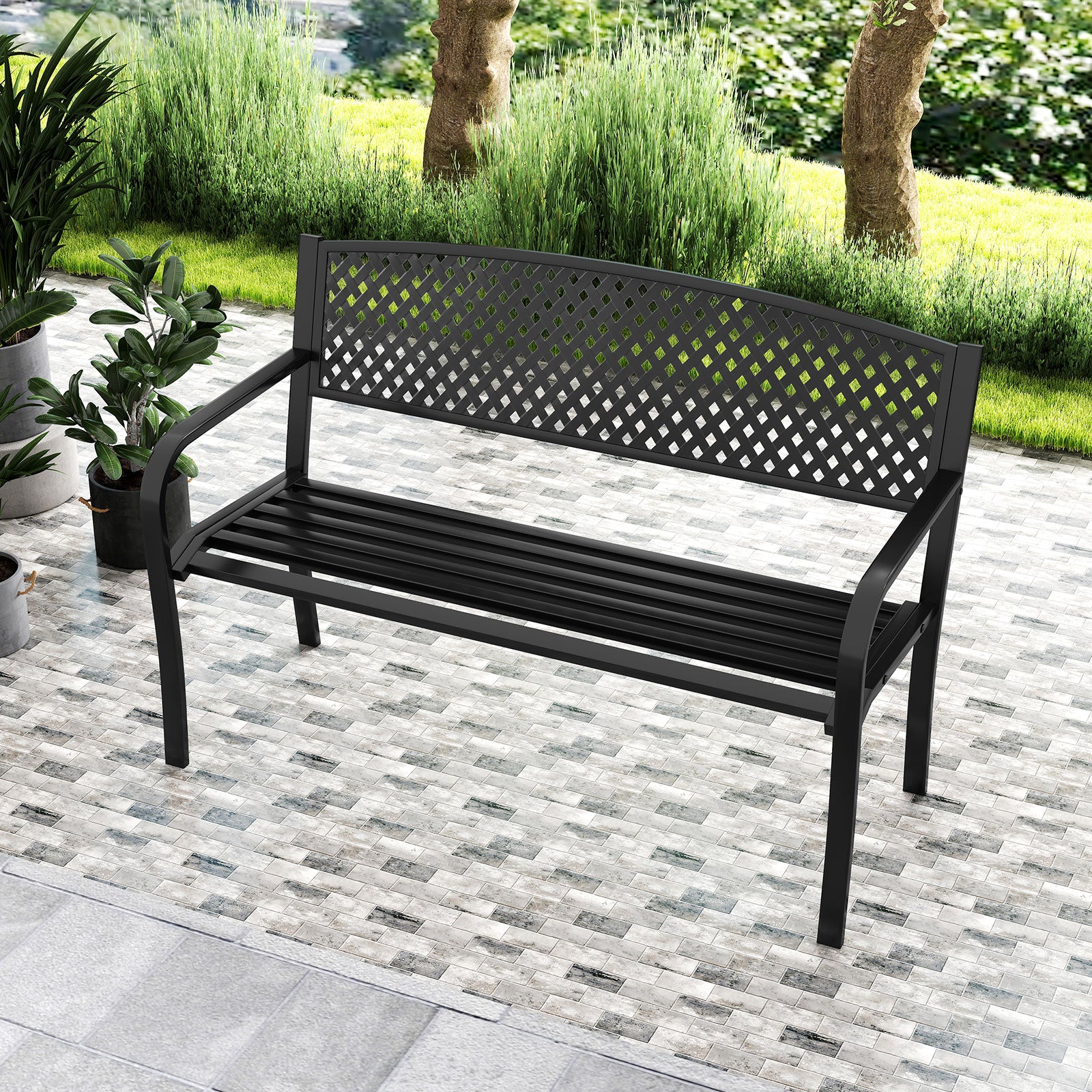 Outdoor 127CM Garden Bench with Patterned Backrest and Curved Armrests-Black