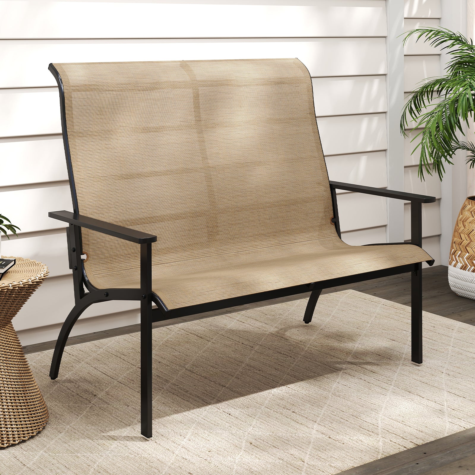 Outdoor Adirondack Bench Chair with High Back and Armrests-Coffee