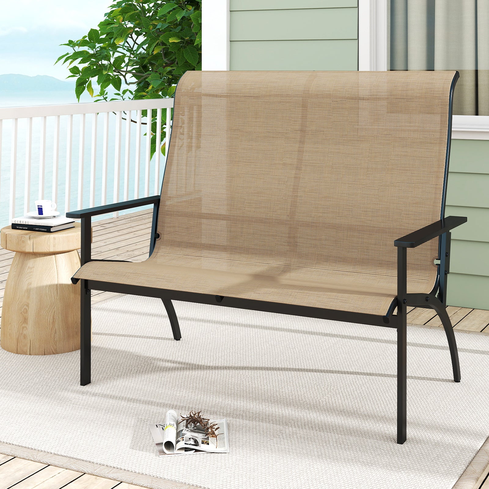 Outdoor Adirondack Bench Chair with High Back and Armrests-Coffee