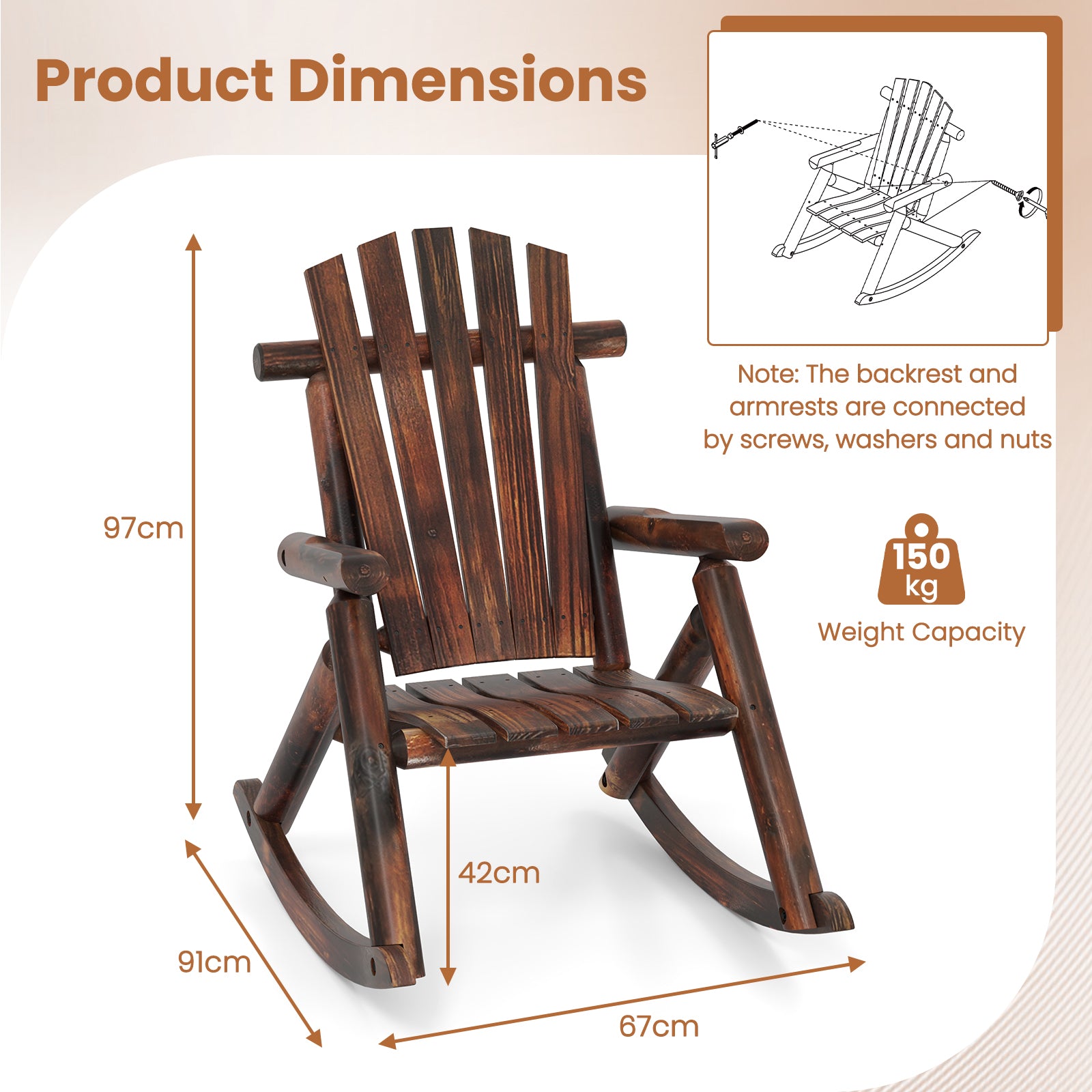 Outdoor Adirondack Rocking Chair Solid Wood with High Back-Brown