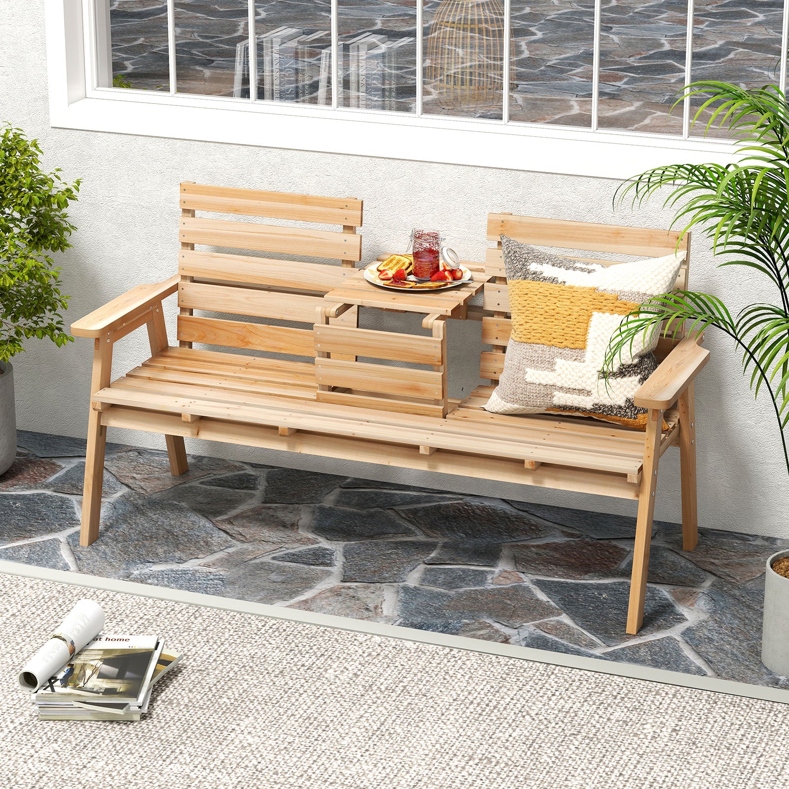 Outdoor Fir Wood Bench with Foldable Middle Table-Natural