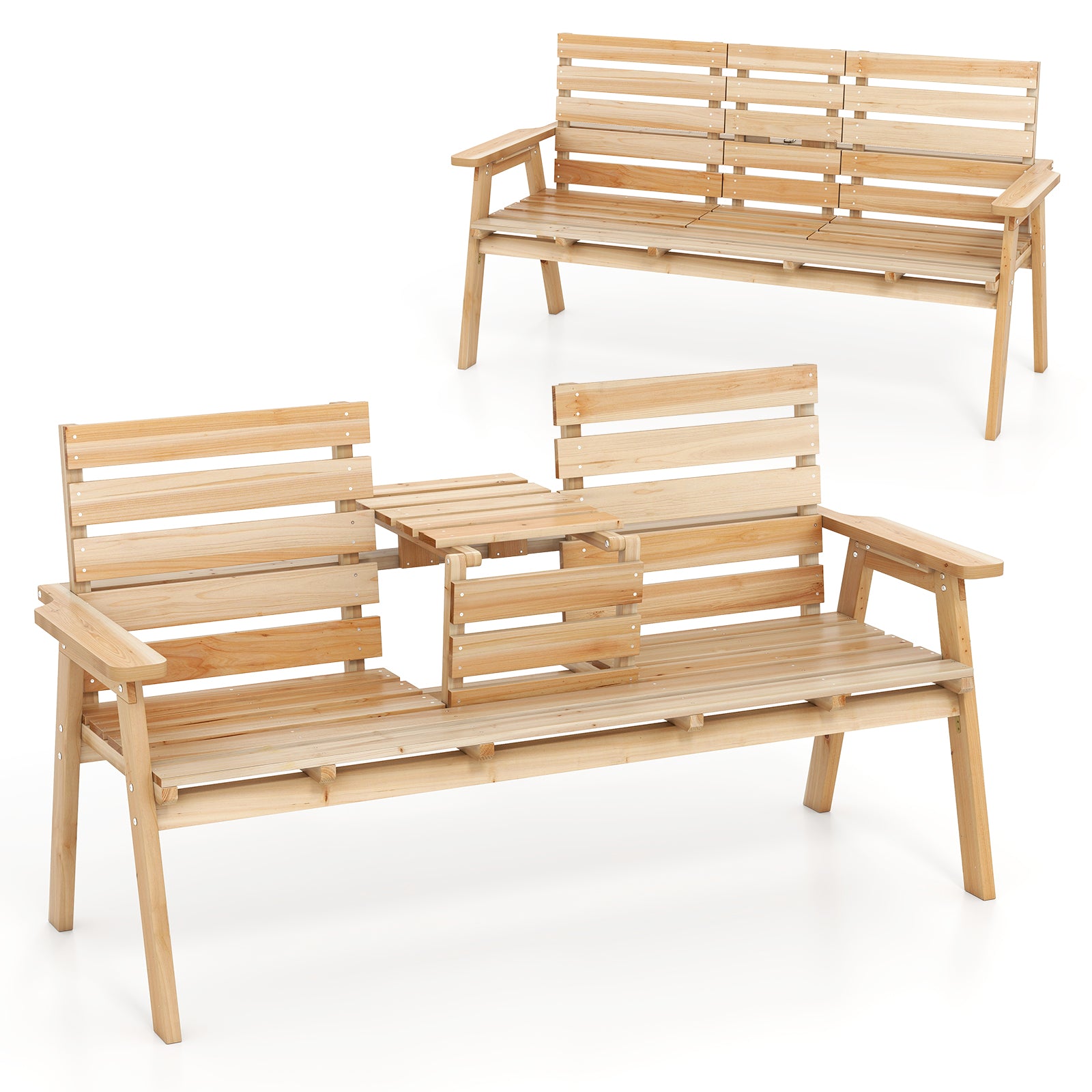 Outdoor Fir Wood Bench with Foldable Middle Table-Natural