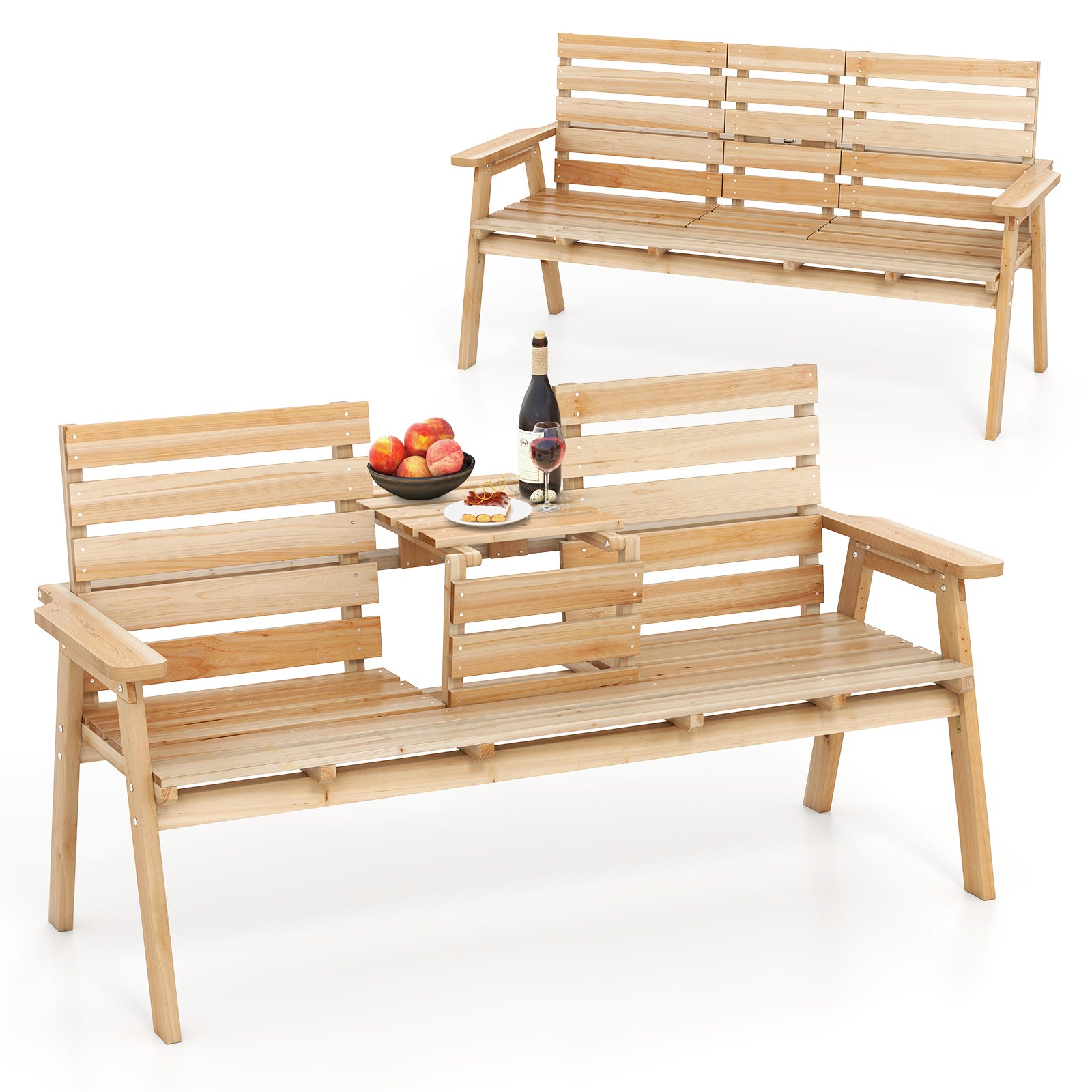 Outdoor Fir Wood Bench with Foldable Middle Table-Natural