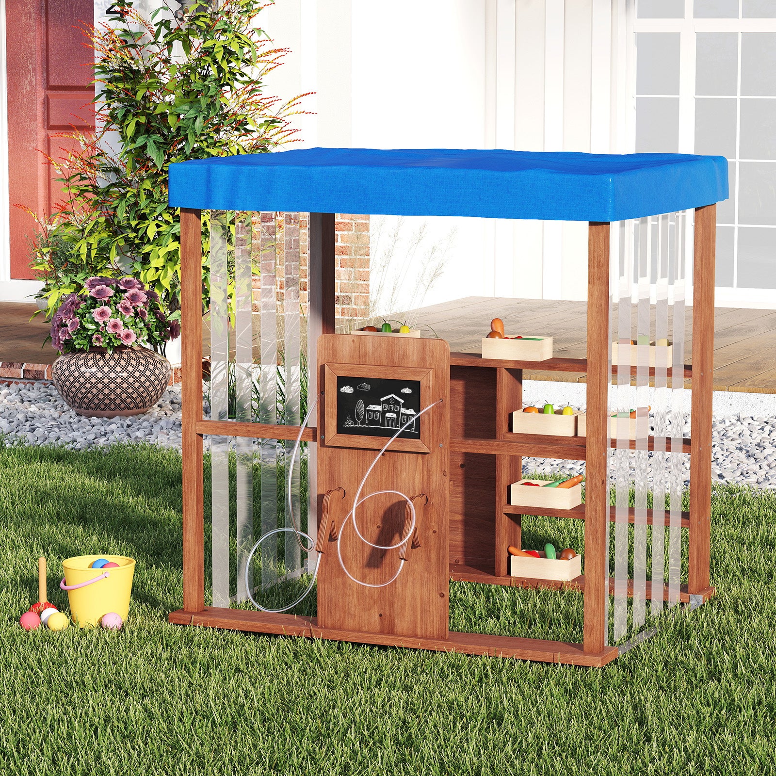 Wooden Outdoor Gas Station Playset with Canopy and 2 Simulation Refueling Guns-Natural