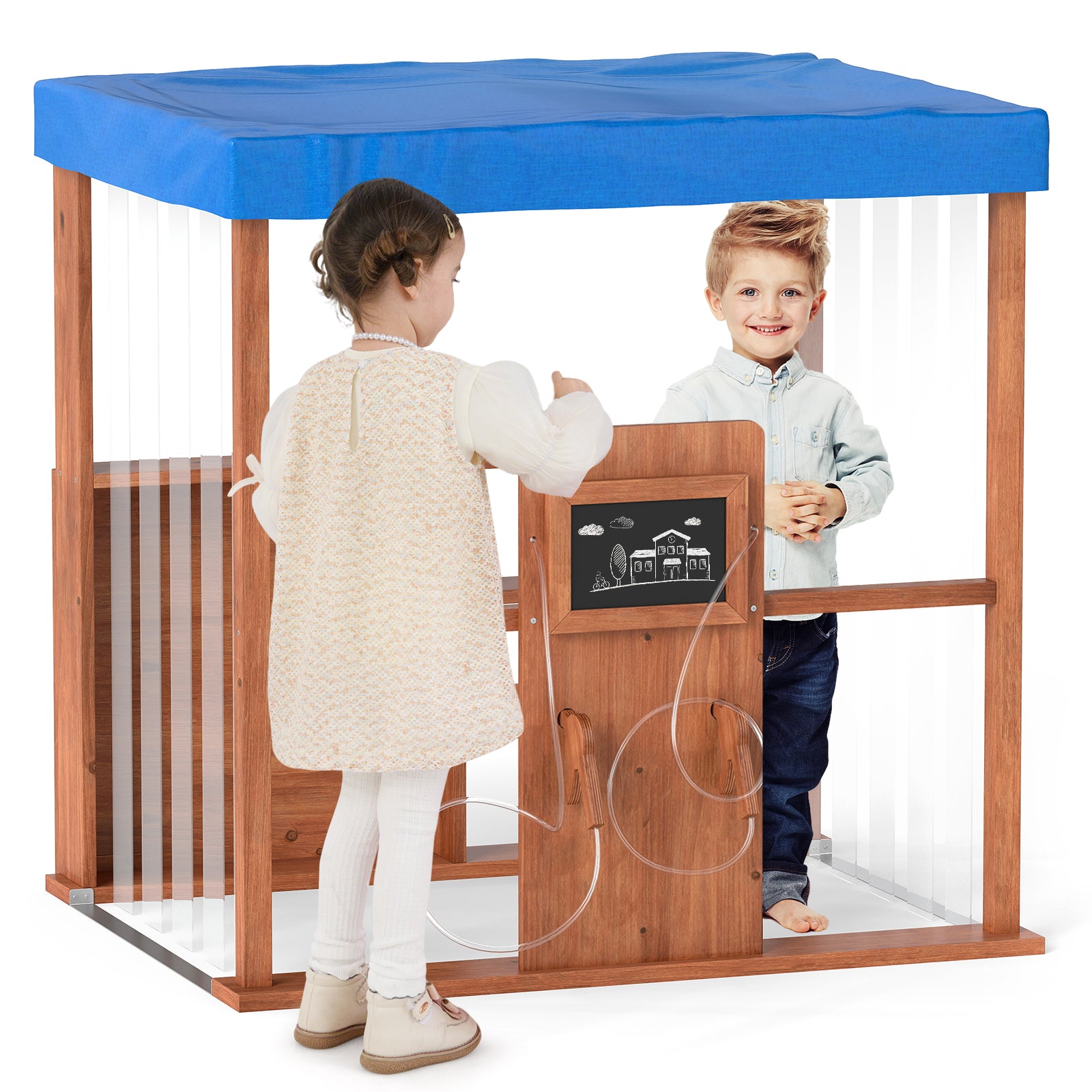 Wooden Outdoor Gas Station Playset with Canopy and 2 Simulation Refueling Guns-Natural