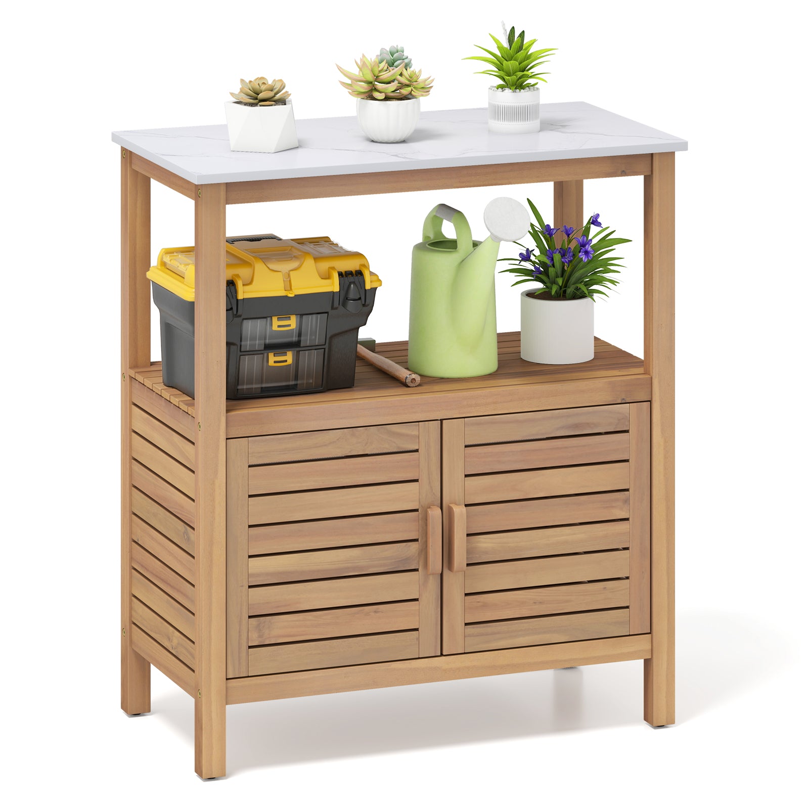Outdoor Potting Bench with Resin Tabletop and Storage Shelf
