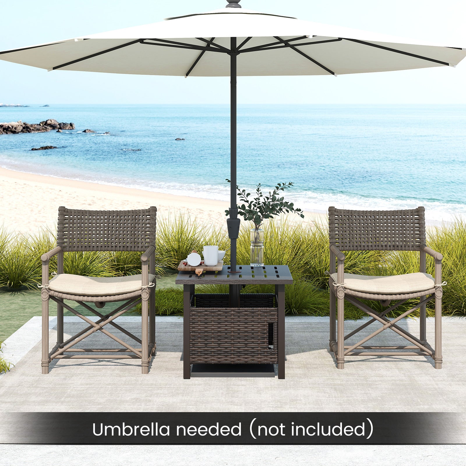 Outdoor Side Table with 2 Weighted Sand Bags and 4.9cm Umbrella Hole-Brown