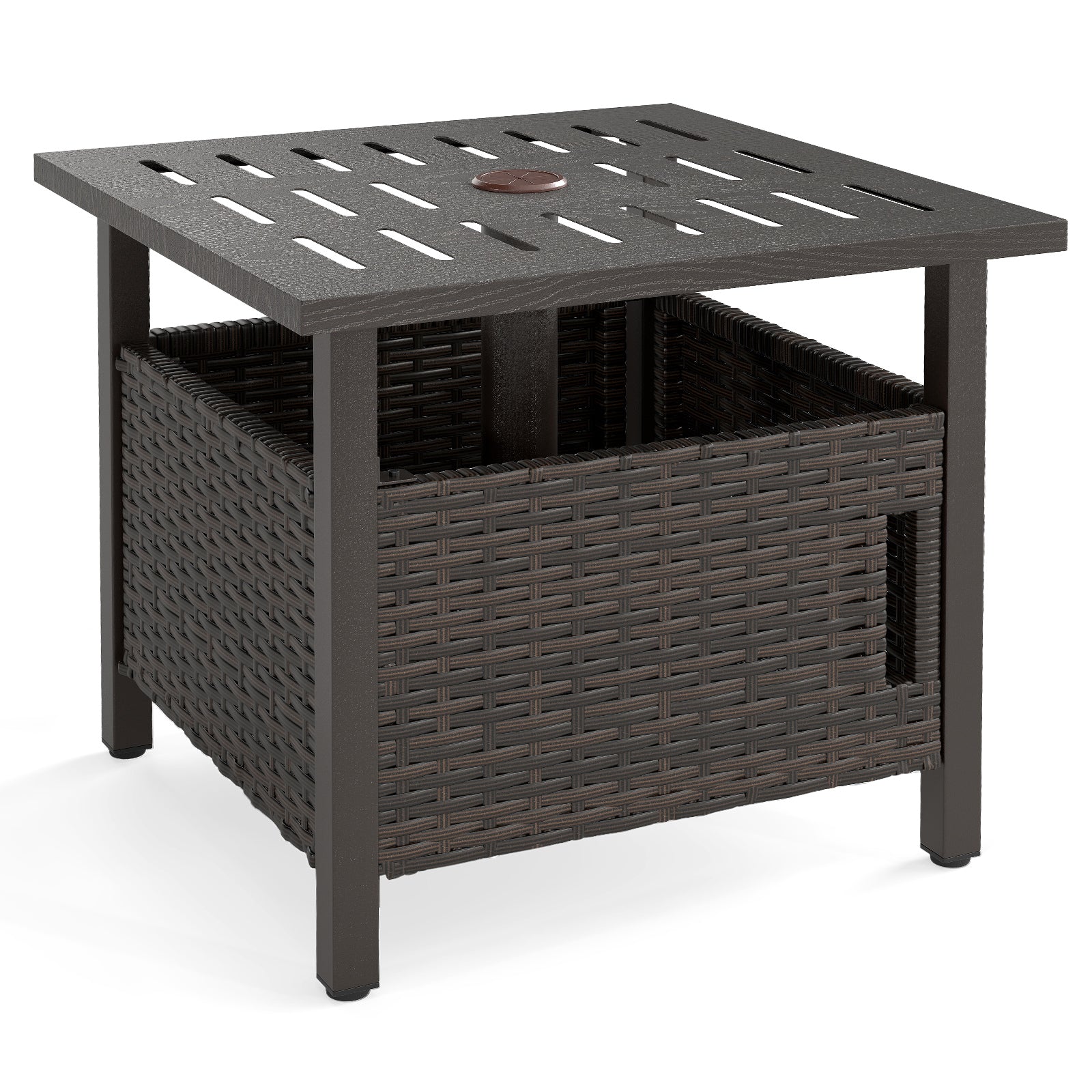 Outdoor Side Table with 2 Weighted Sand Bags and 4.9cm Umbrella Hole-Brown