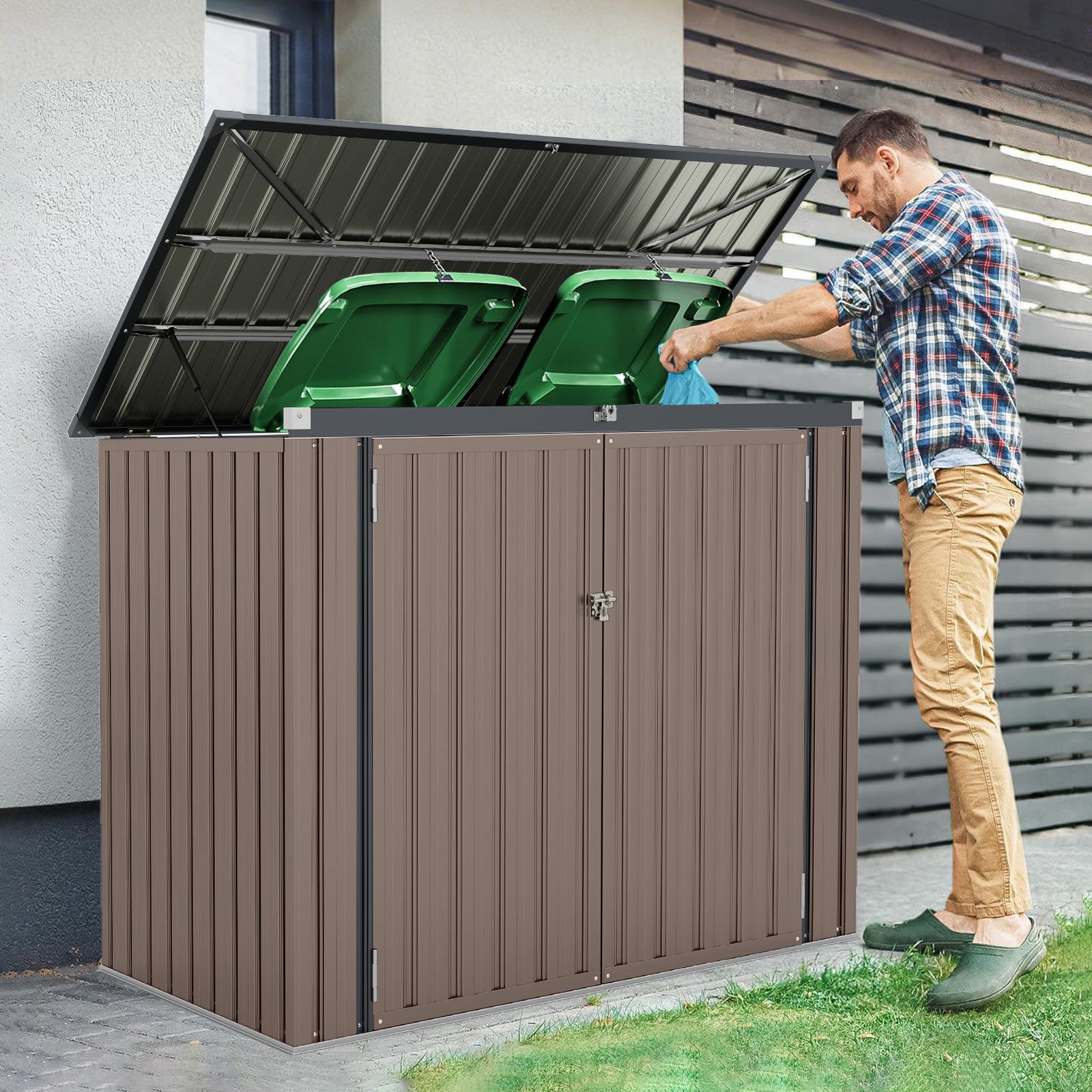 Outdoor Trash Can Storage Shed with Double Openings-Dark Grey