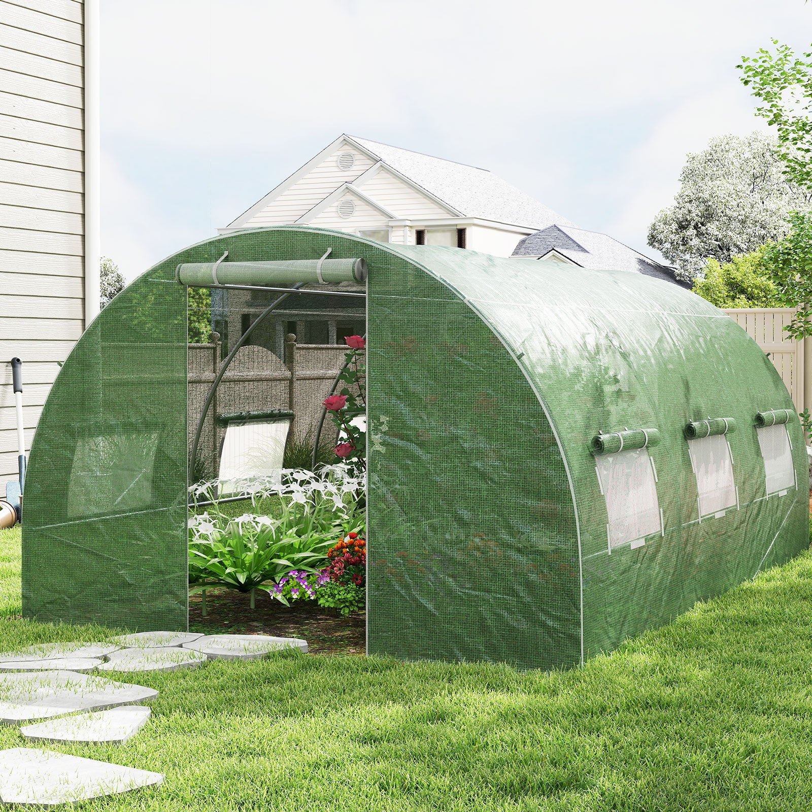 400 x 300 x 200 cm Outdoor Walk-in Tunnel Greenhouse 8 Roll-up Windows-Green