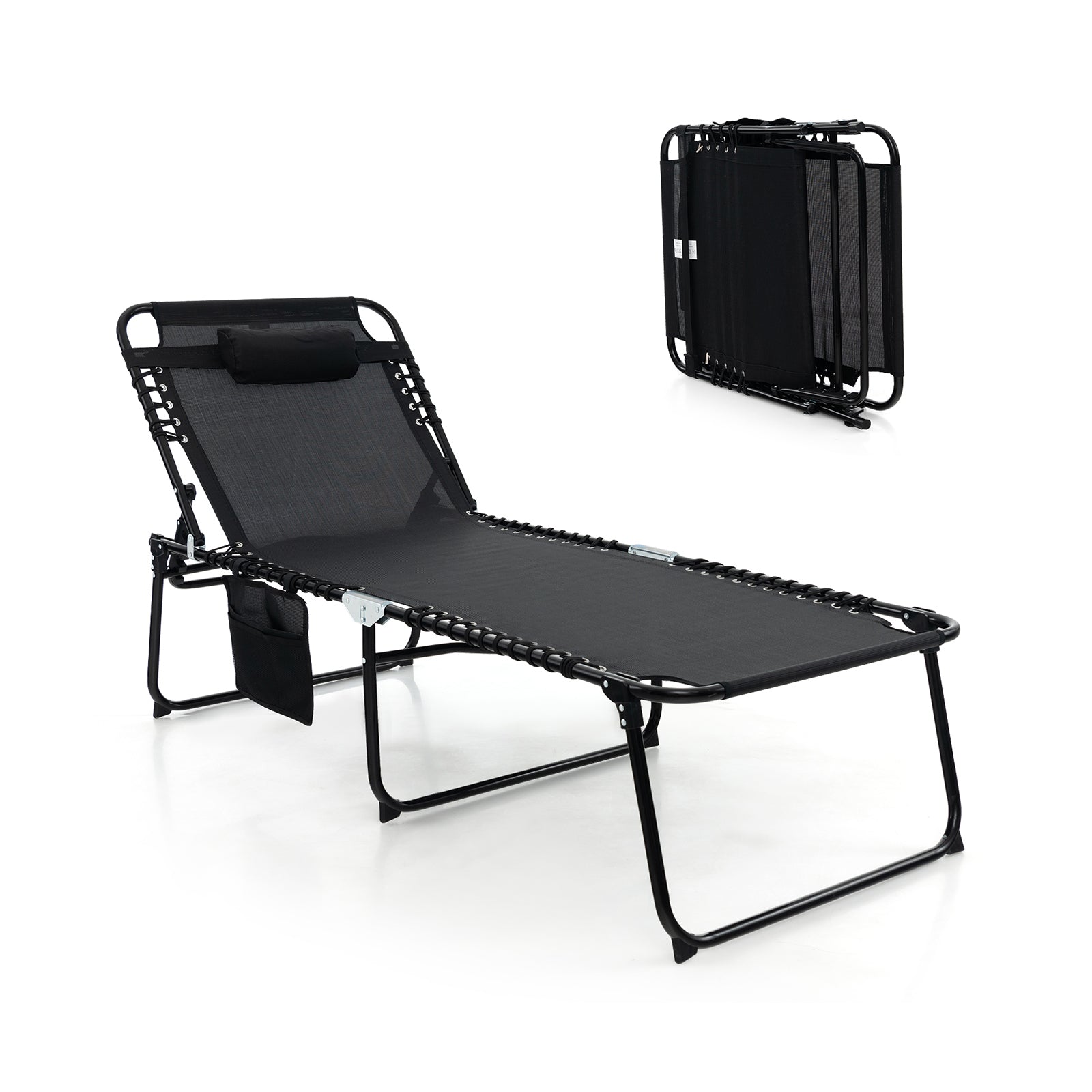 Oversize Folding Chaise Lounge with Adjustable Backrest and Detachable Pillow-Black