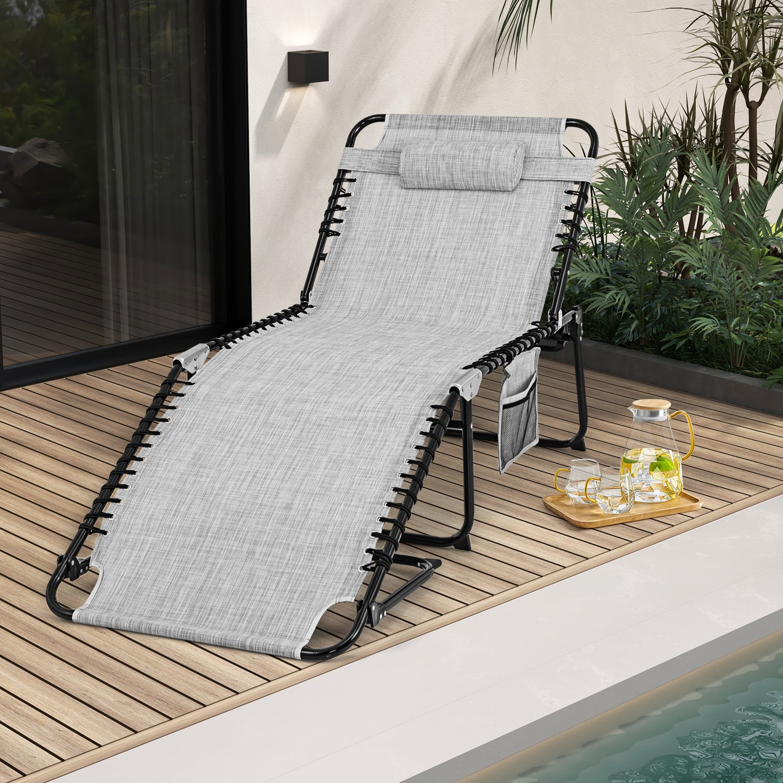 Oversize Folding Chaise Lounge with Adjustable Backrest and Detachable Pillow-Grey