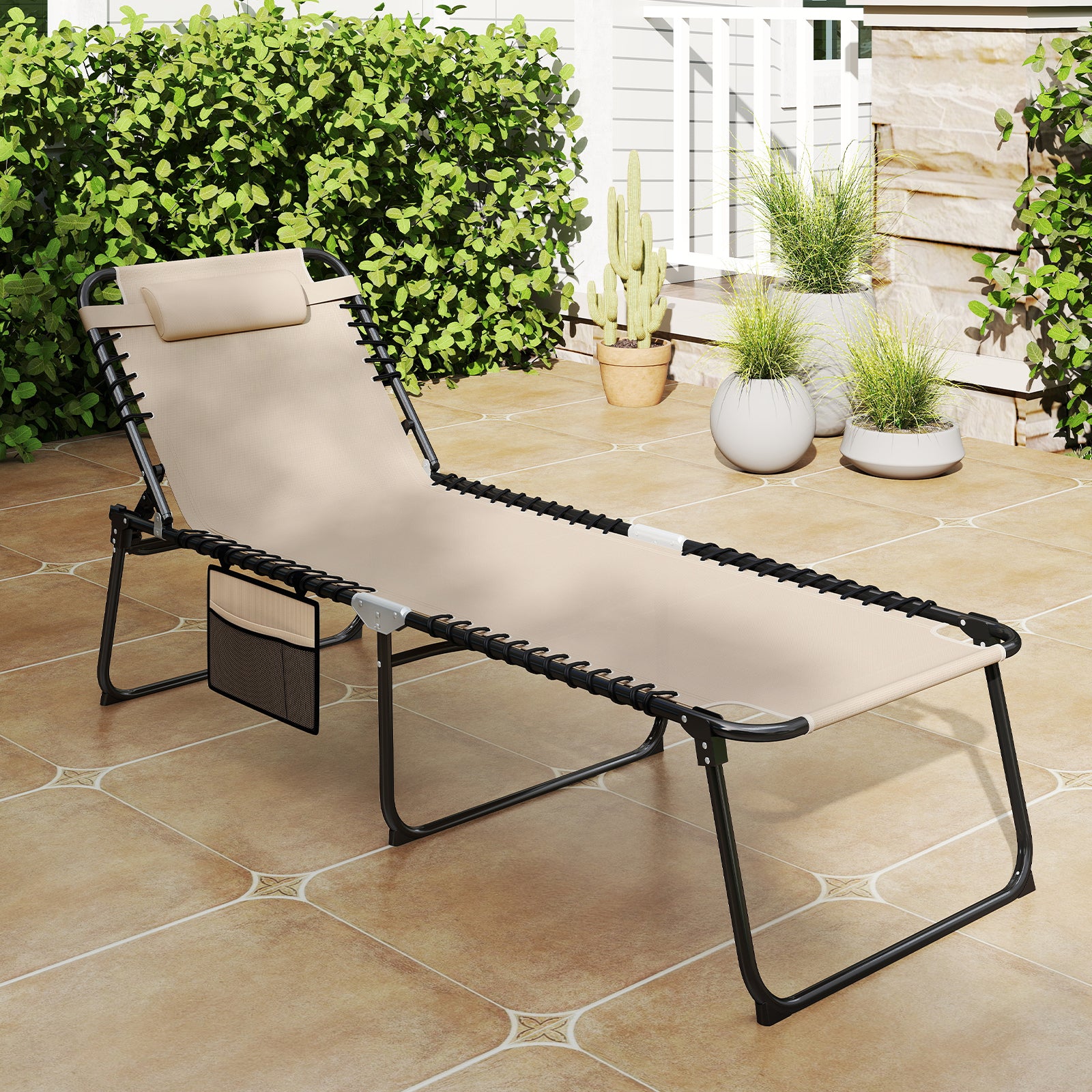 Oversize Folding Chaise Lounge with Adjustable Backrest and Detachable Pillow-Beige