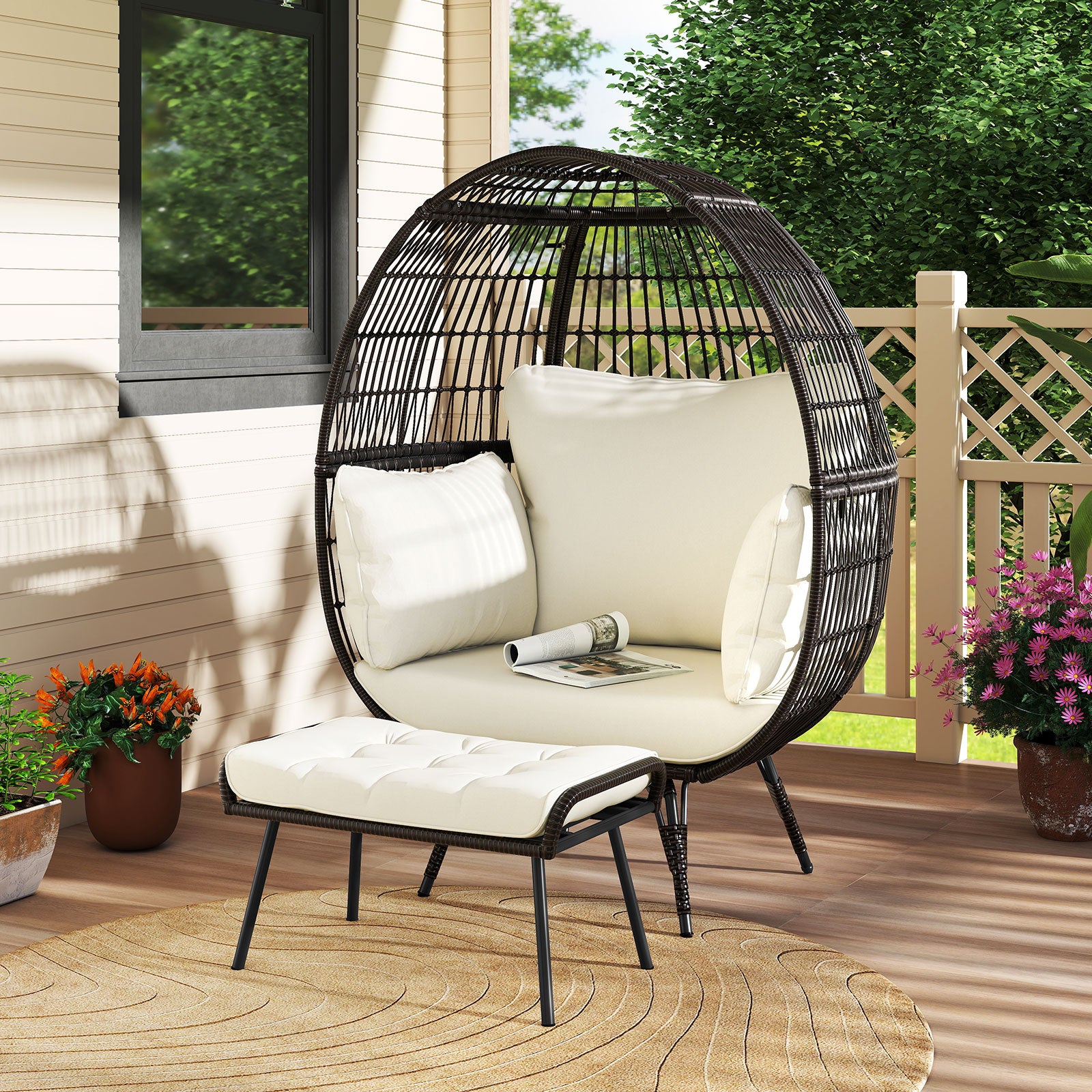 Patio Oversized Egg Chair with Ottoman and Soft Cushions-Off White