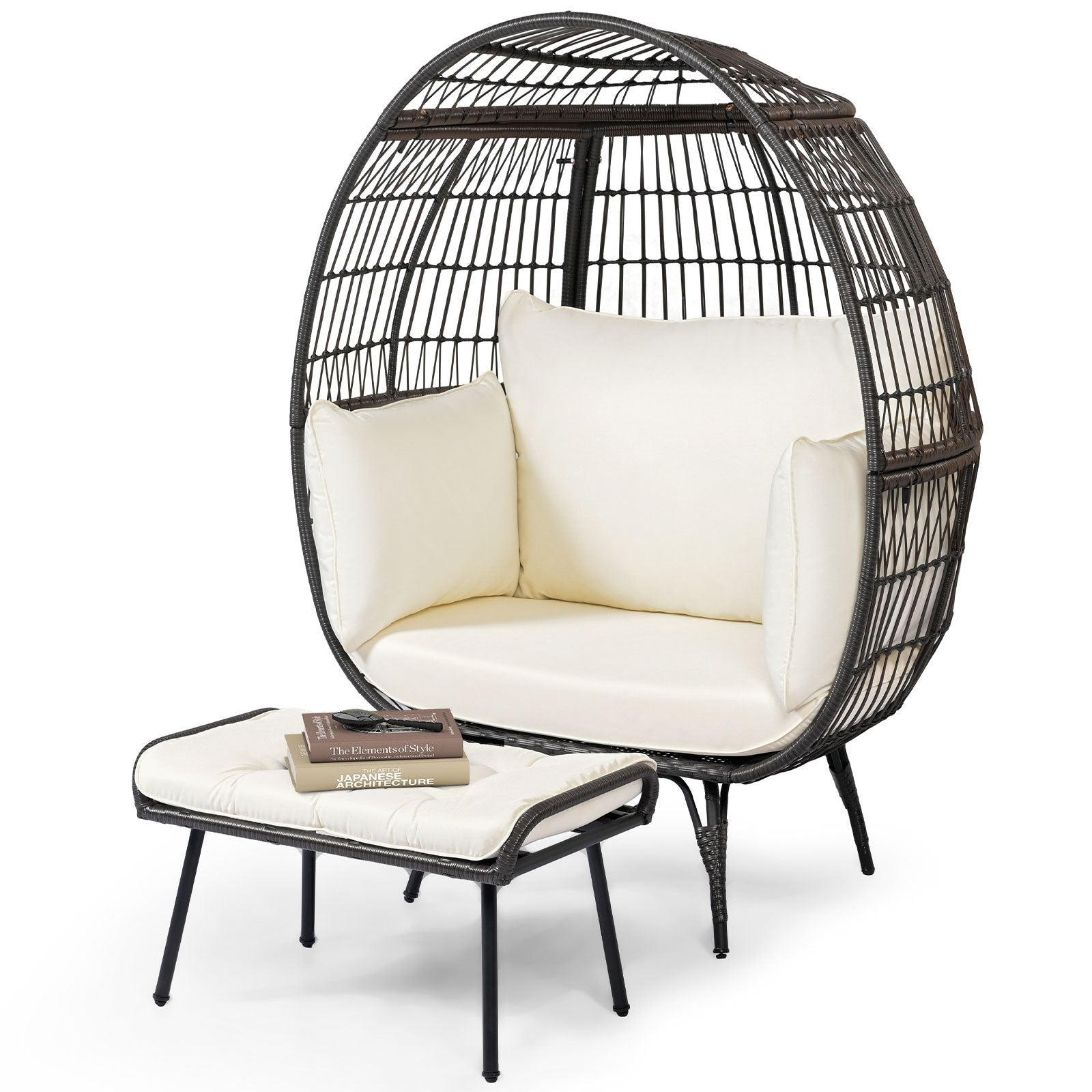 Patio Oversized Egg Chair with Ottoman and Soft Cushions-Off White