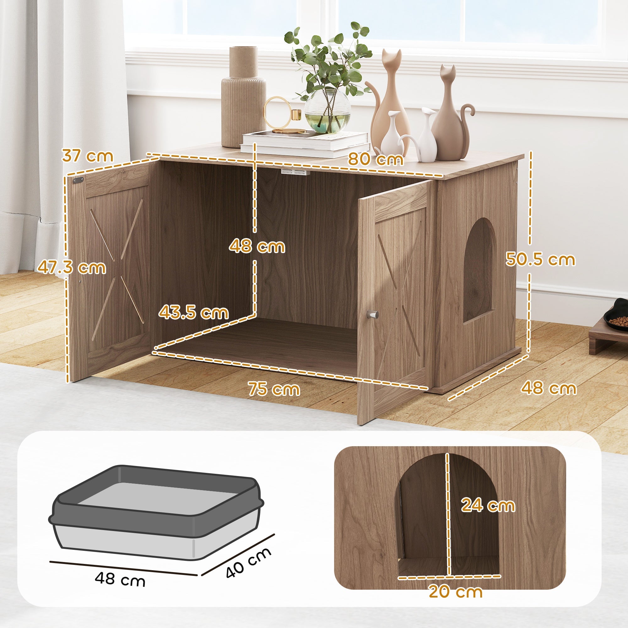PawHut Cat Litter Box Enclosure with Double Doors and Side Entrance, Non-Slip Pads for Living Room, Walnut Brown