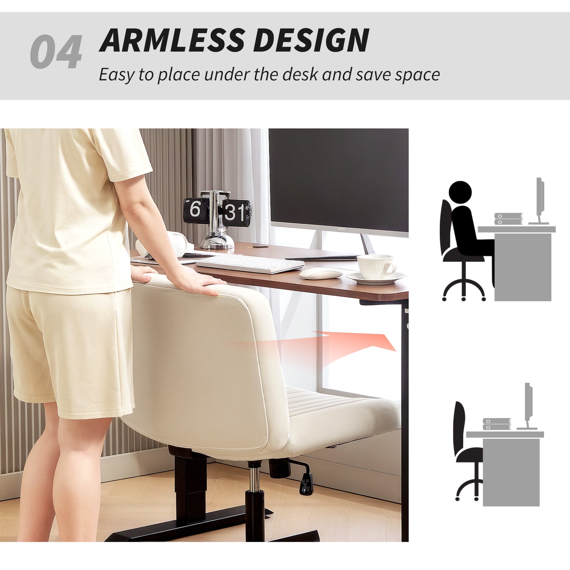 HOMCOM Armless Office Chair No Wheels, Linen Fabric Criss Cross Legged Desk Chair with Wide Seat, Thick Padding, Tilt Function, Height Adjustable Swivel Computer Seat for Home, Cream
