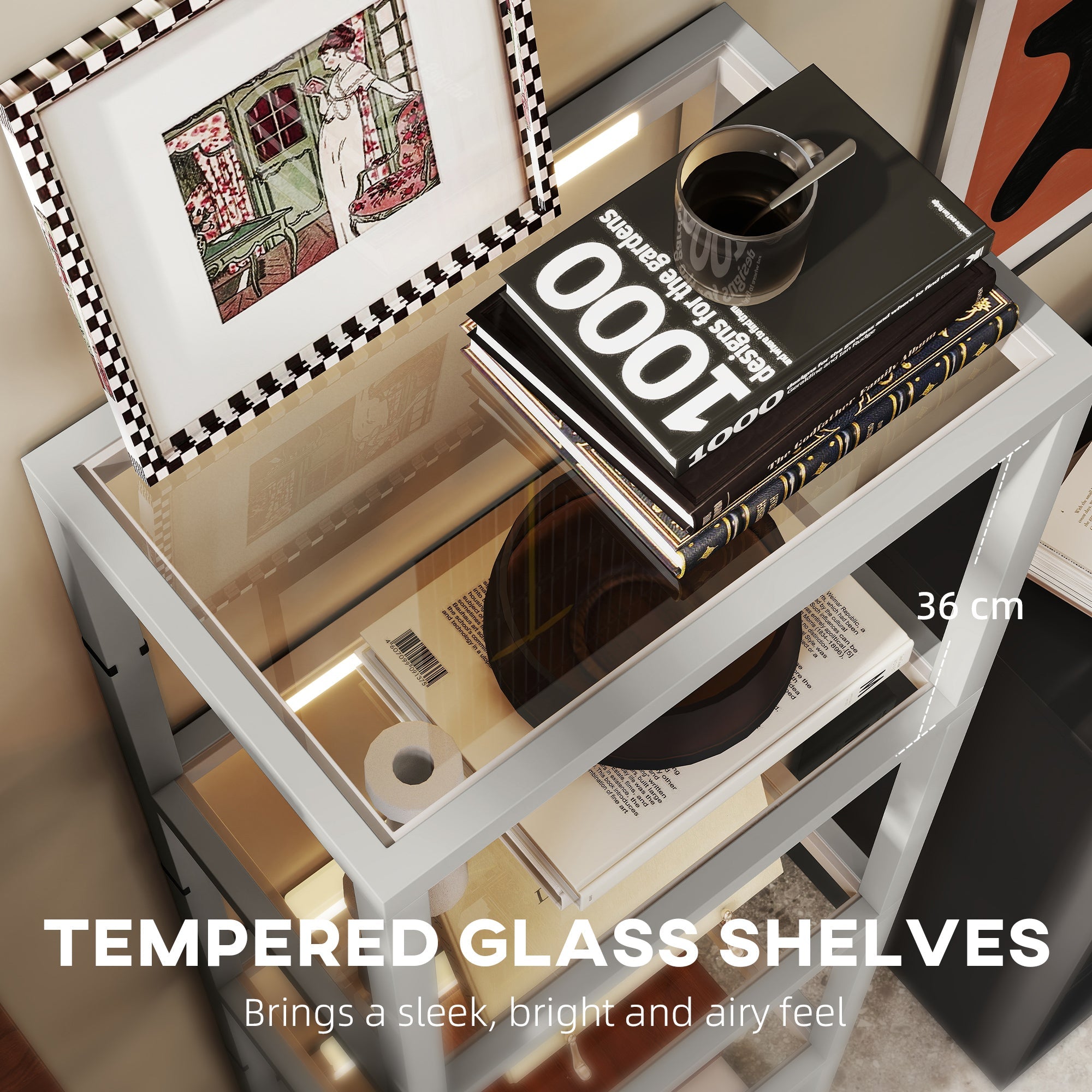 HOMCOM LED Floor Lamp with Glass Shelves, 4 Layers Dimmable Tall Standing Lamp, Modern Column Shelf Floor Light for Living Room, Bedroom, Office, Grey