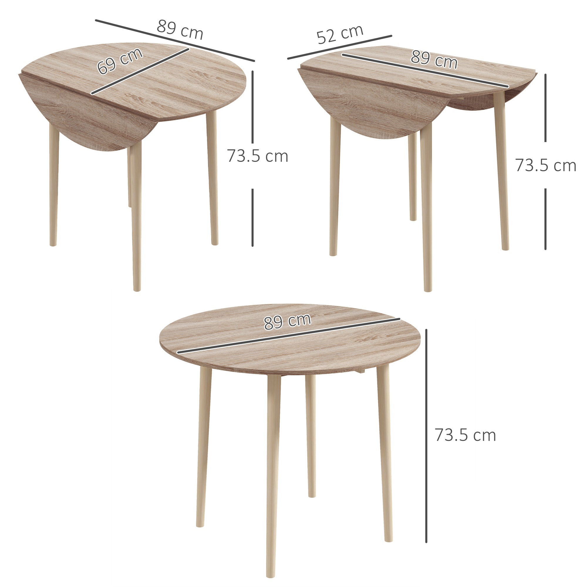 HOMCOM Folding Dining Table for 4, Round Drop Leaf Table, Modern Space Saving Small Kitchen Table with Wood Legs for Dining Room, Natural