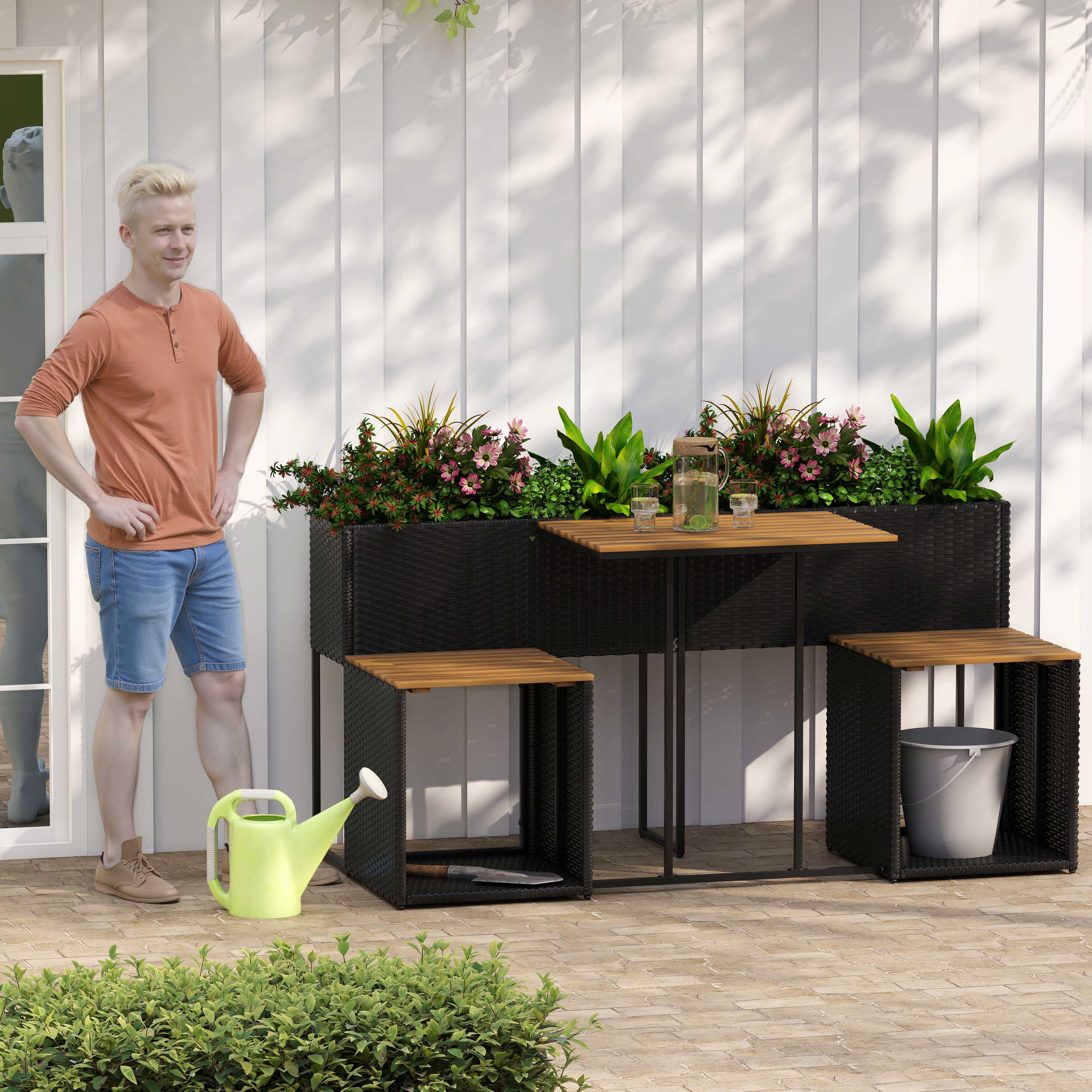 PE Rattan Garden Planter Table with Built-in Chairs and Storage Space