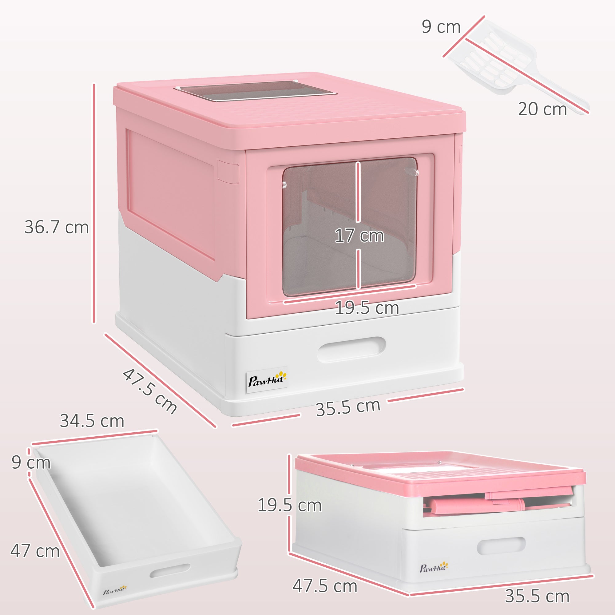 PawHut Hooded Cat Litter Box, Portable Pet Toilet, with Scoop, Front Entry - Pink