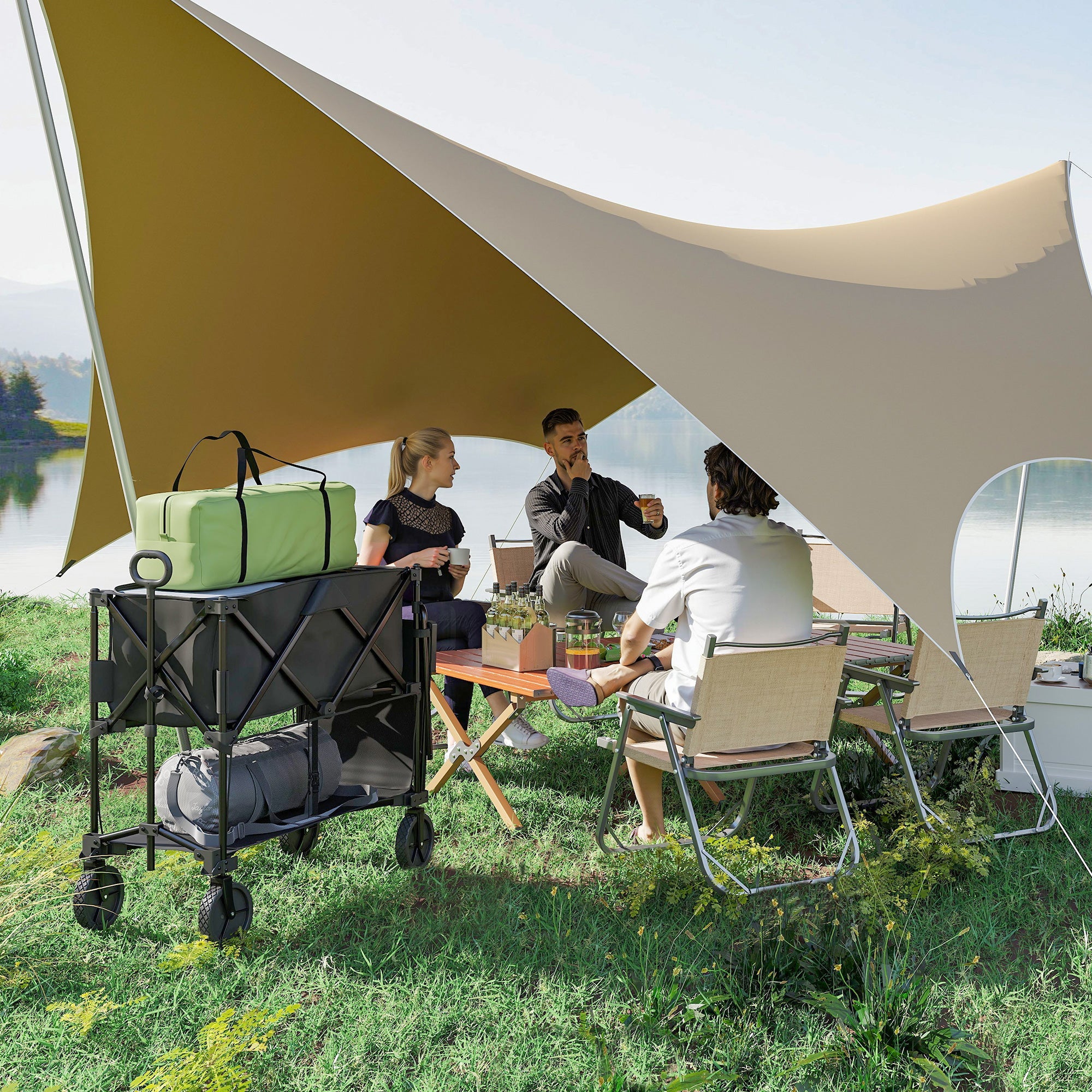 Outsunny Double Decker Folding Festival Trolley on Wheels, 200KG & 350L Capacity Collapsible Wagon Festival Trolley Cart with 134cm Extended for Camping Sports Shopping Garden and Beach, Black