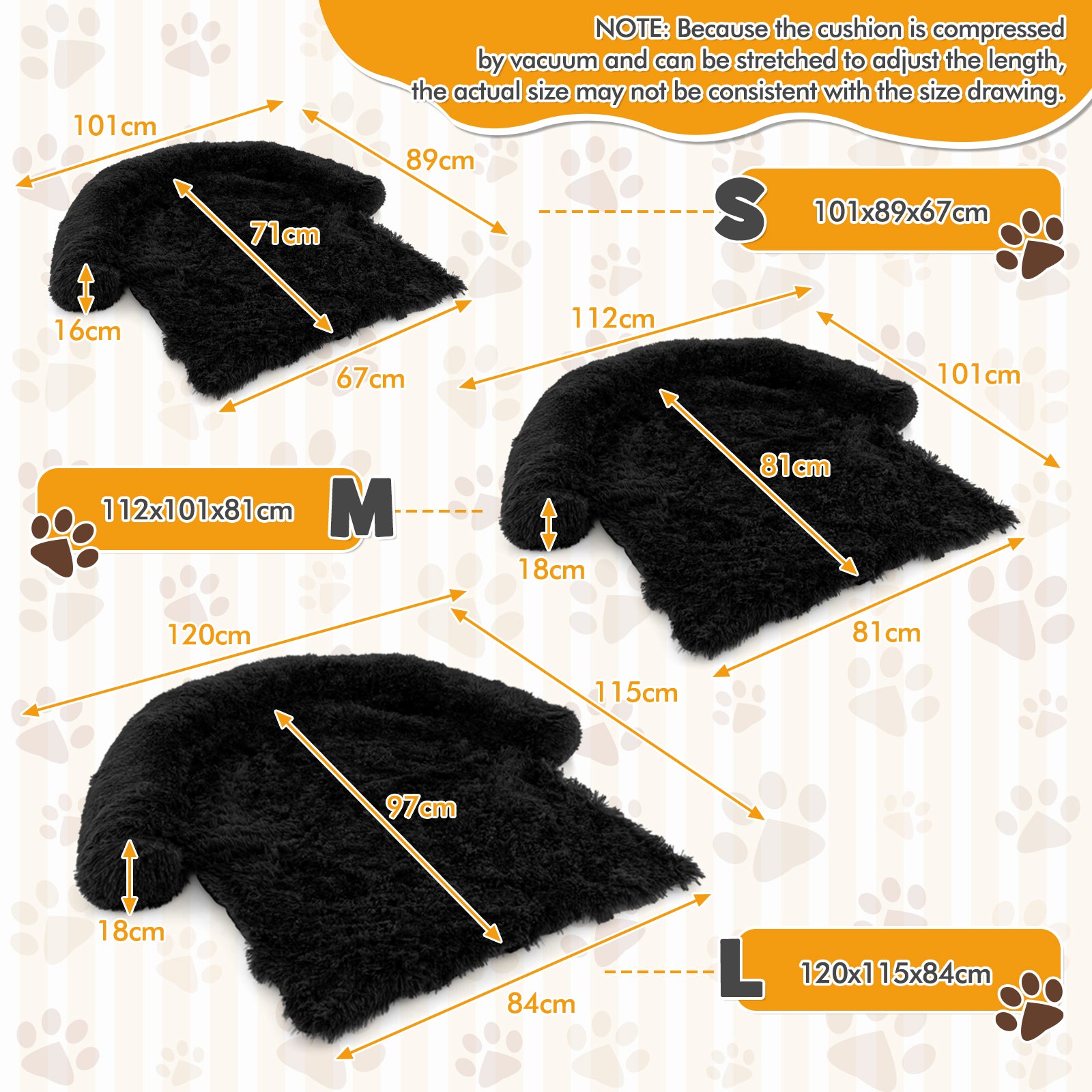 Fluffy Dog Mat Couch Cover Protector with Detachable Washable Cover and Anti-slip Bottom-Black-L