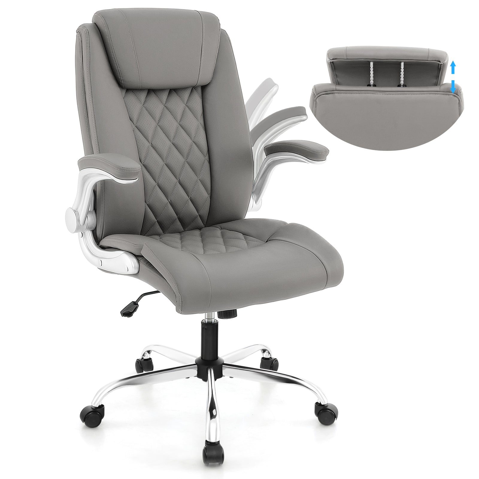 PU Leather Office Chair Height Adjustable Executive Chair with Headrest-Grey