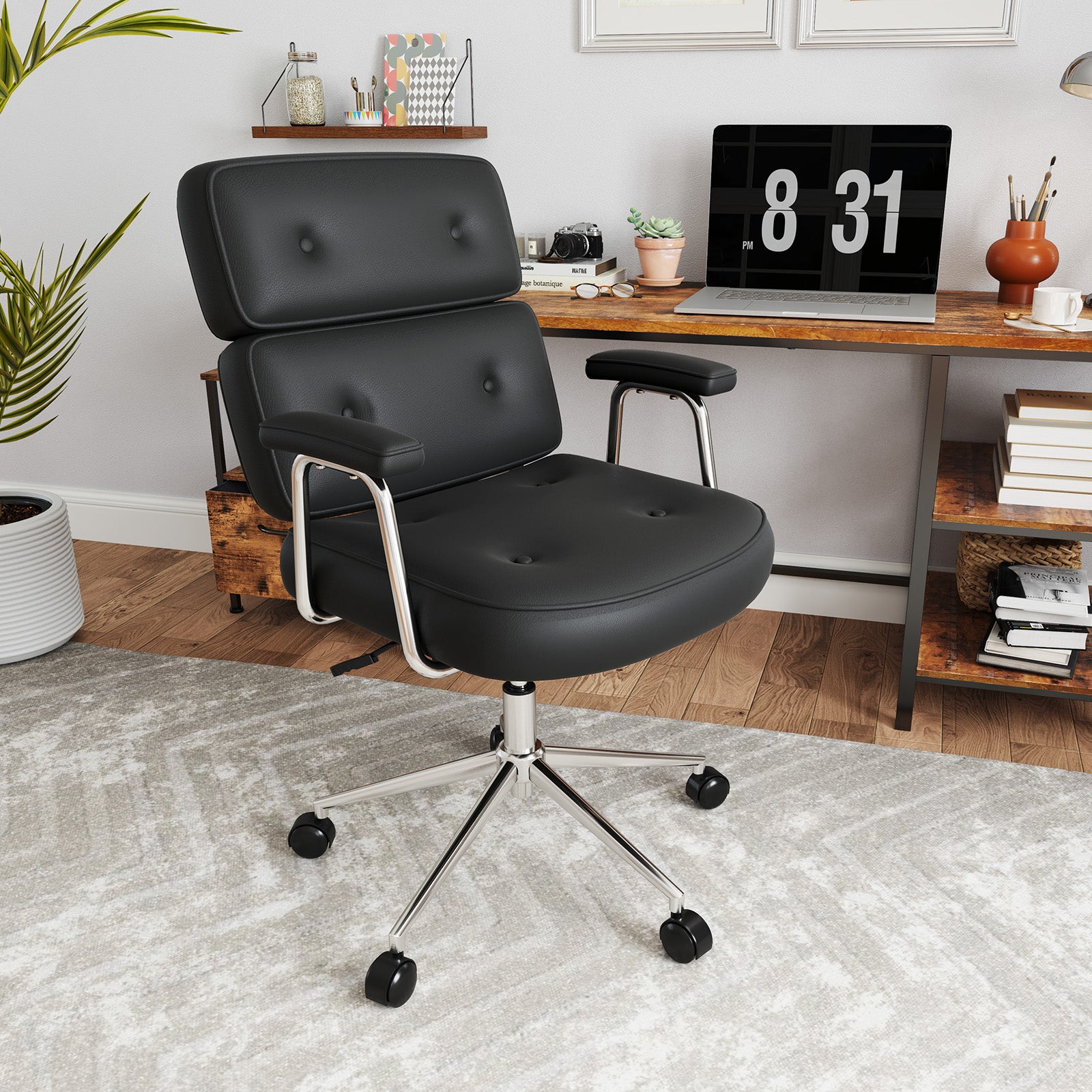 PU Leather Upholstered Office Chair with Button Tufted Back-Black