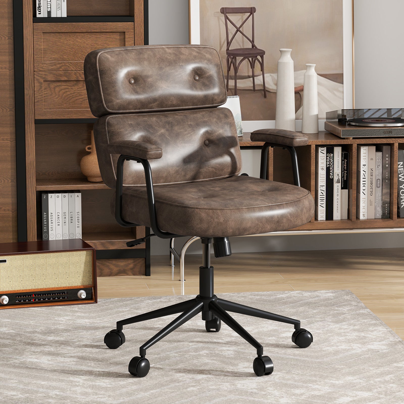 PU Leather Upholstered Office Chair with Button Tufted Back-Brown