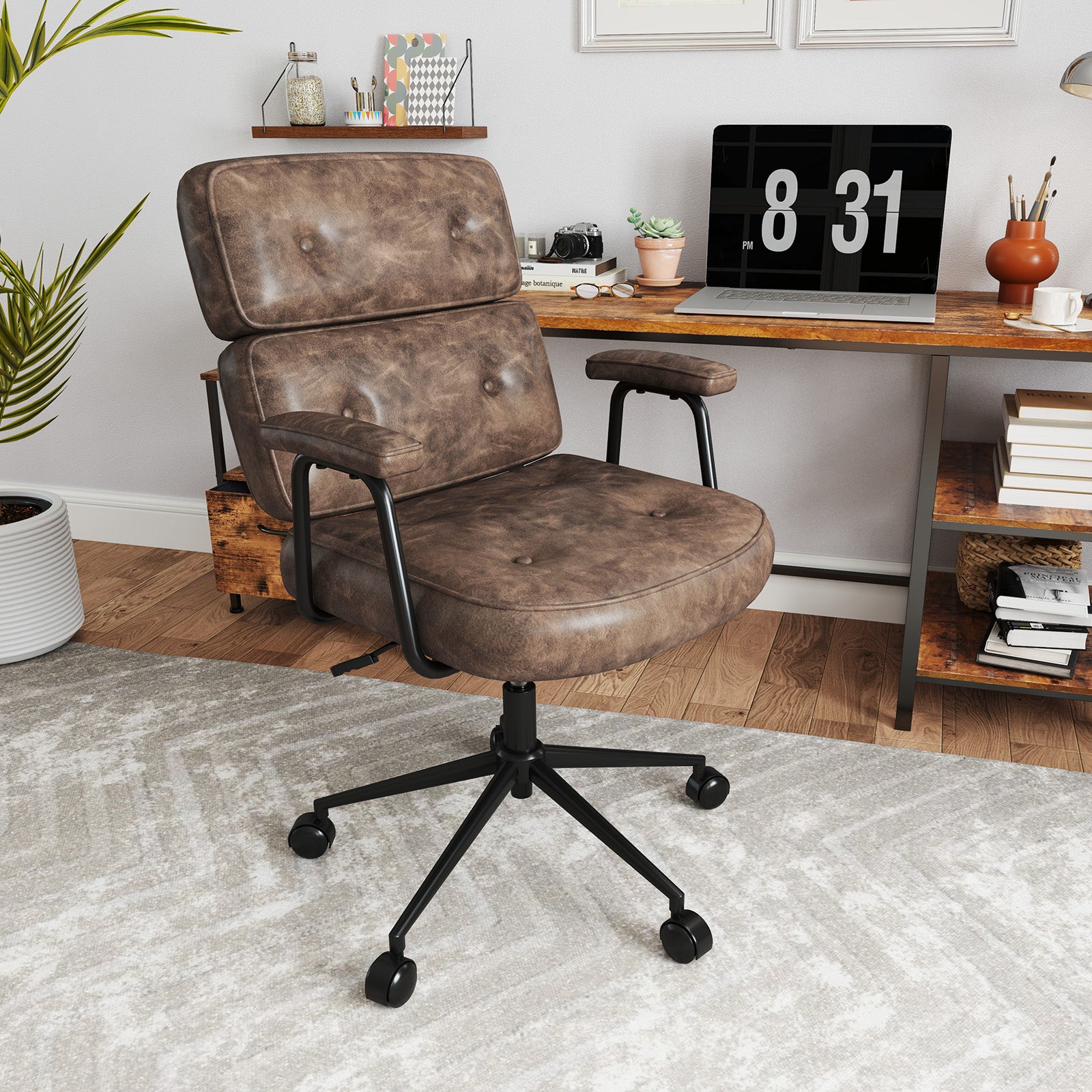 PU Leather Upholstered Office Chair with Button Tufted Back-Brown