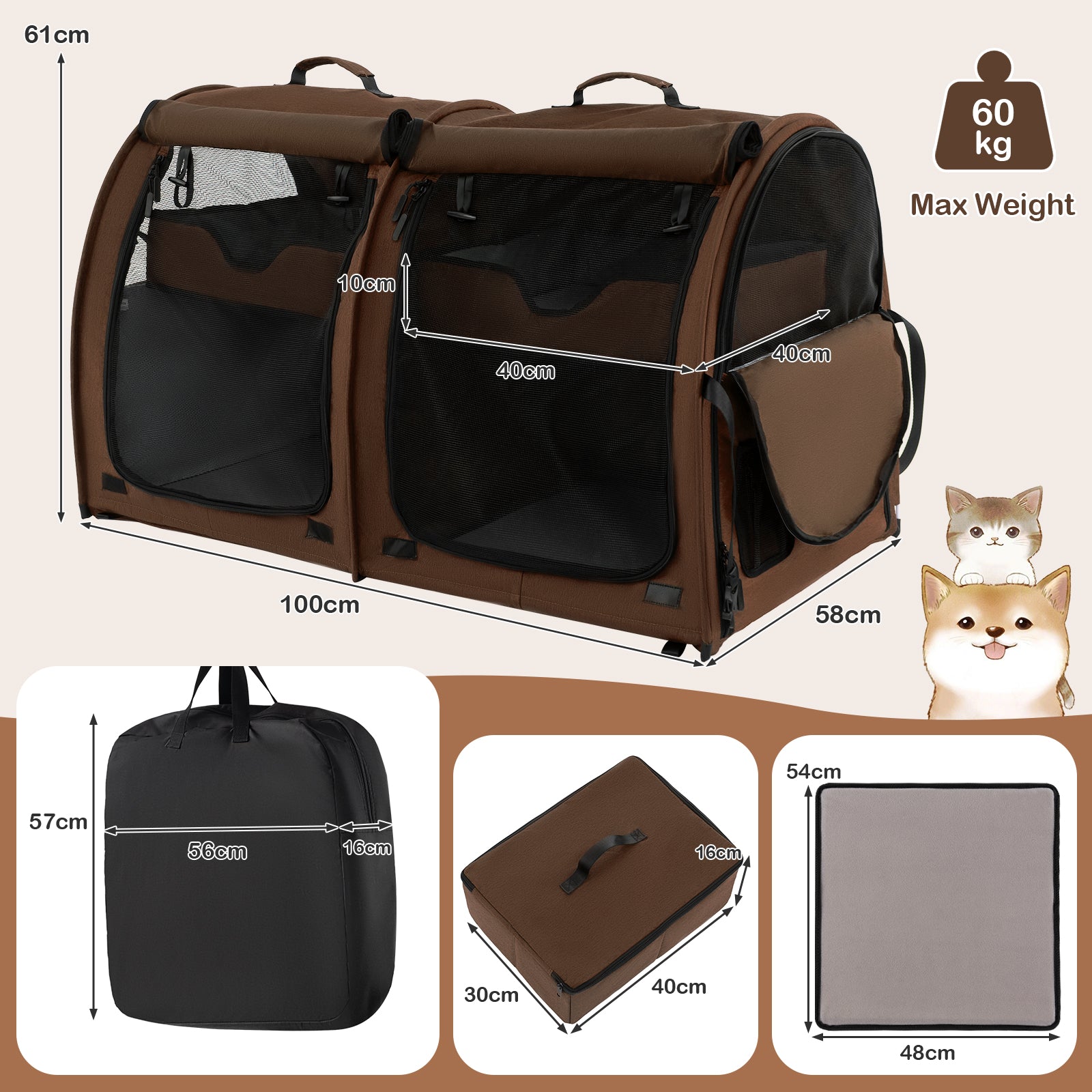 2 Compartments Pet Travel Carriers with Removable Hammocks and Mats-Brown