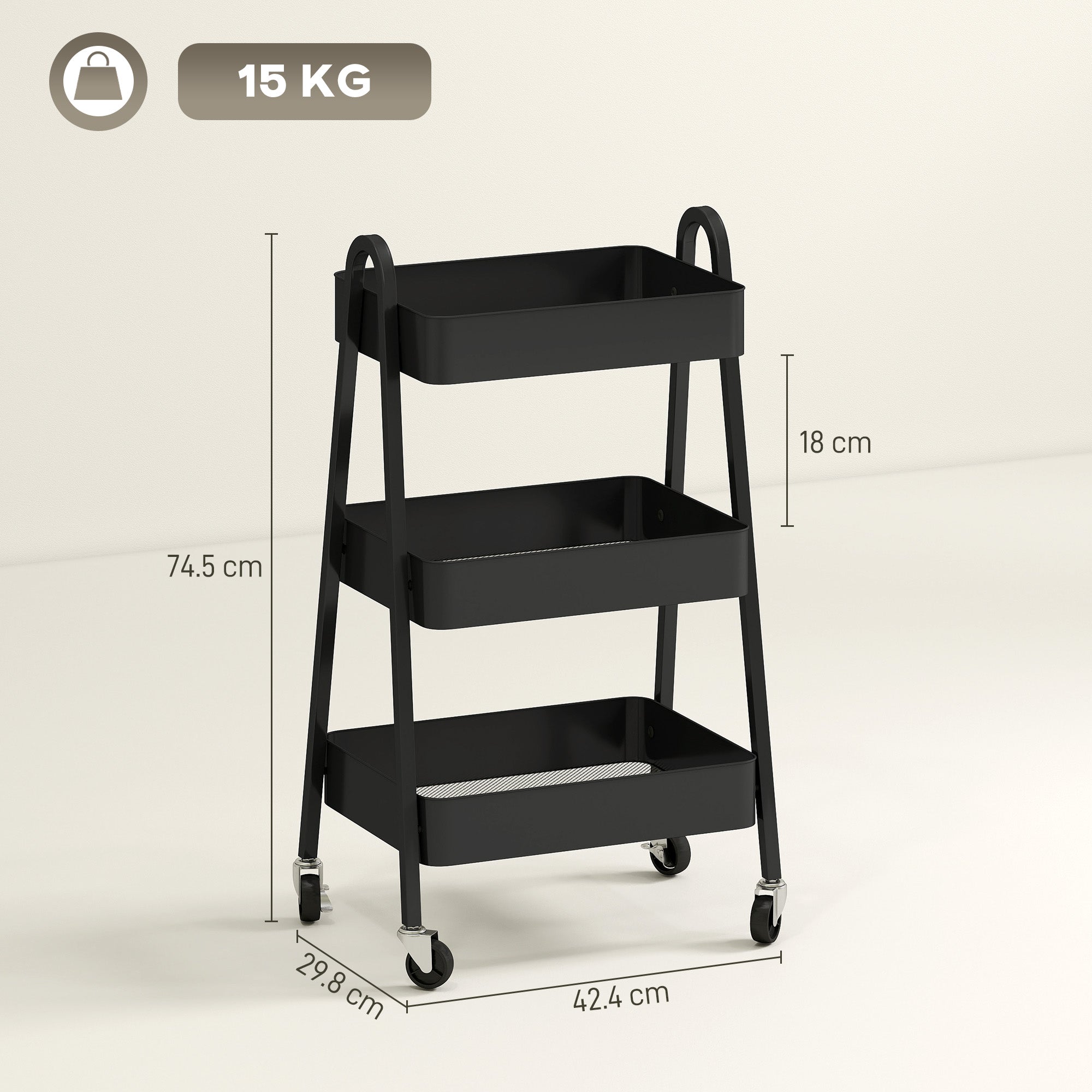 HOMCOM Three-Tier Storage Trolley - Black